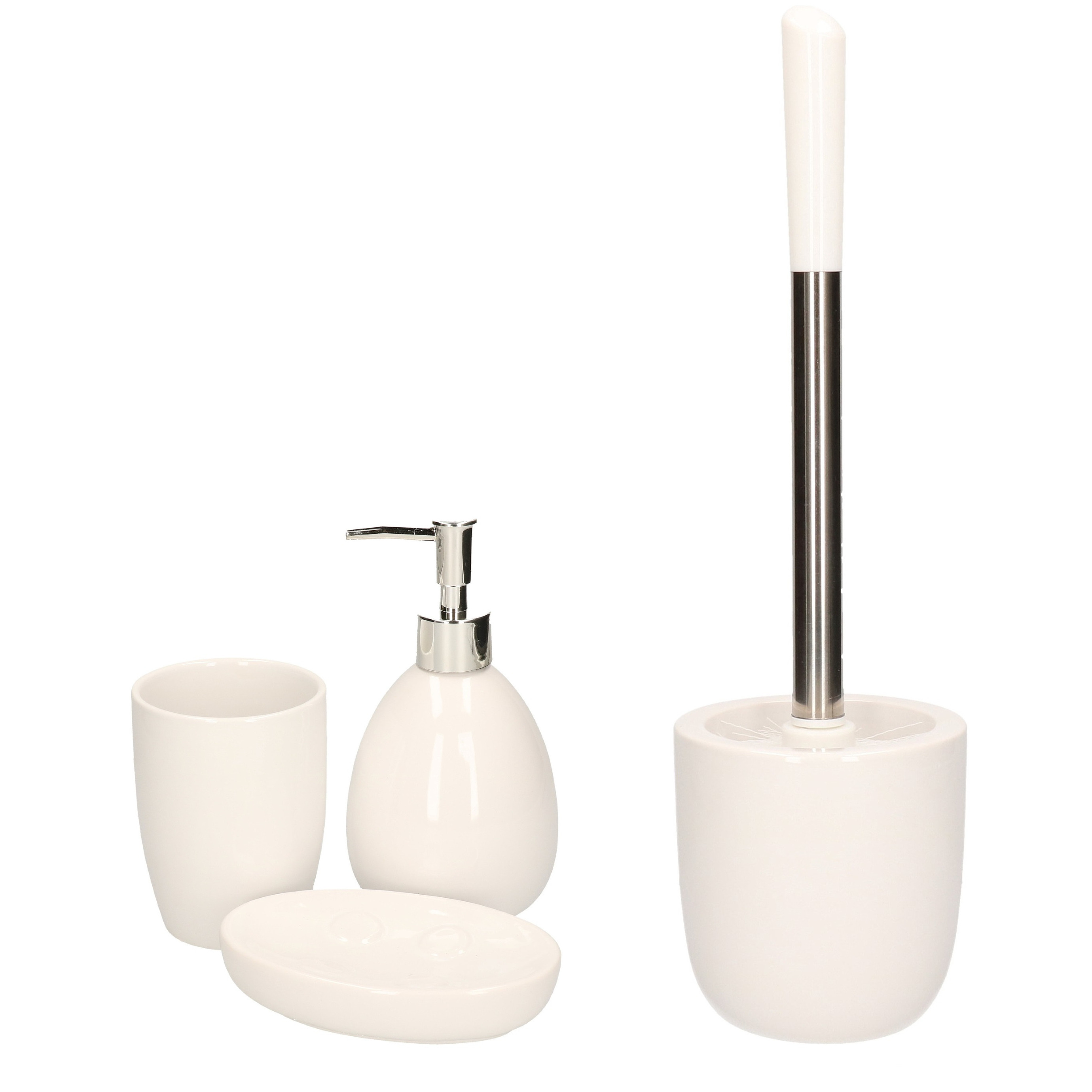 WC-/toiletborstel houder en 3-delige badkamer set wit dolomiet/rvs -