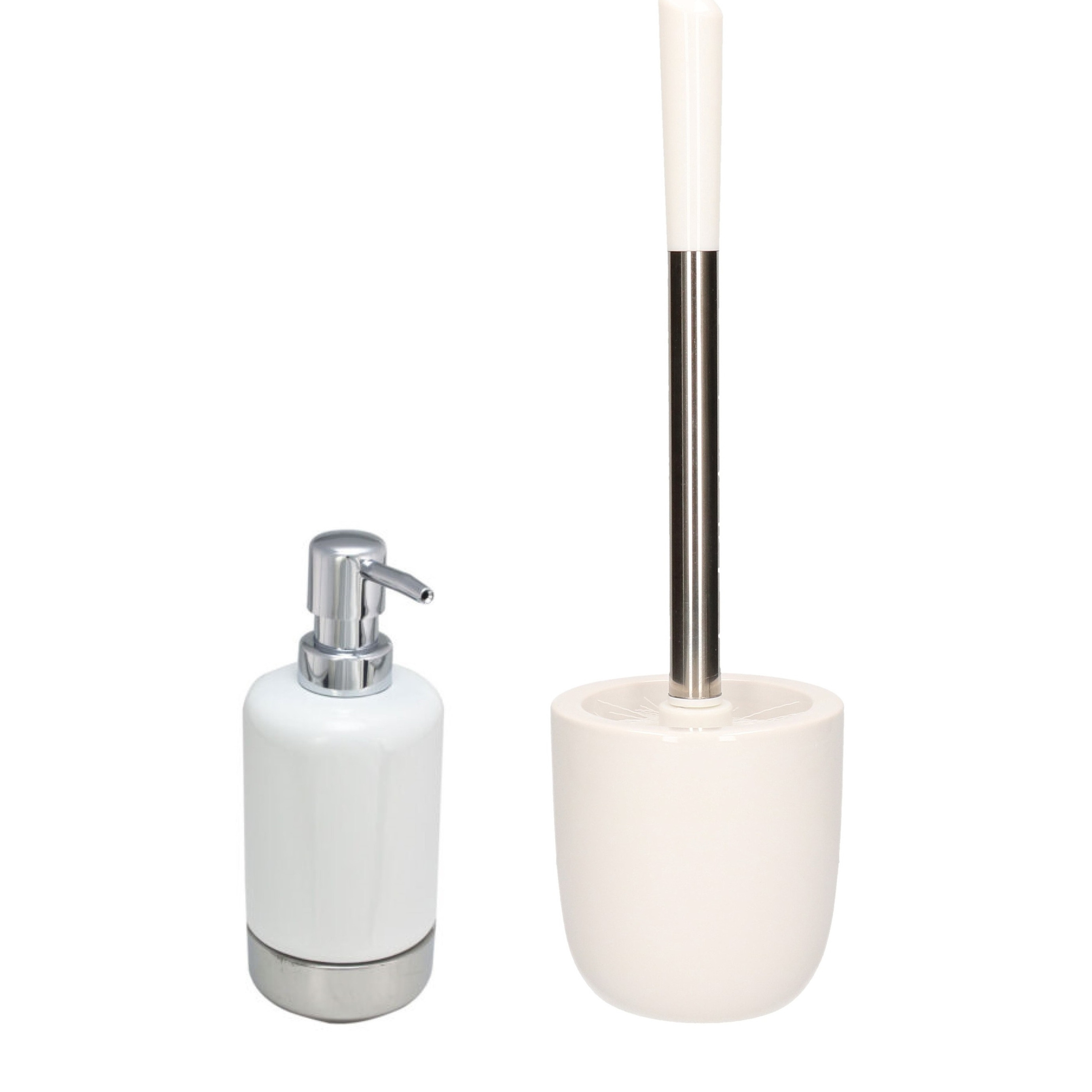WC-/toiletborstel en houder dolomiet wit met zeeppompje 300 ml -