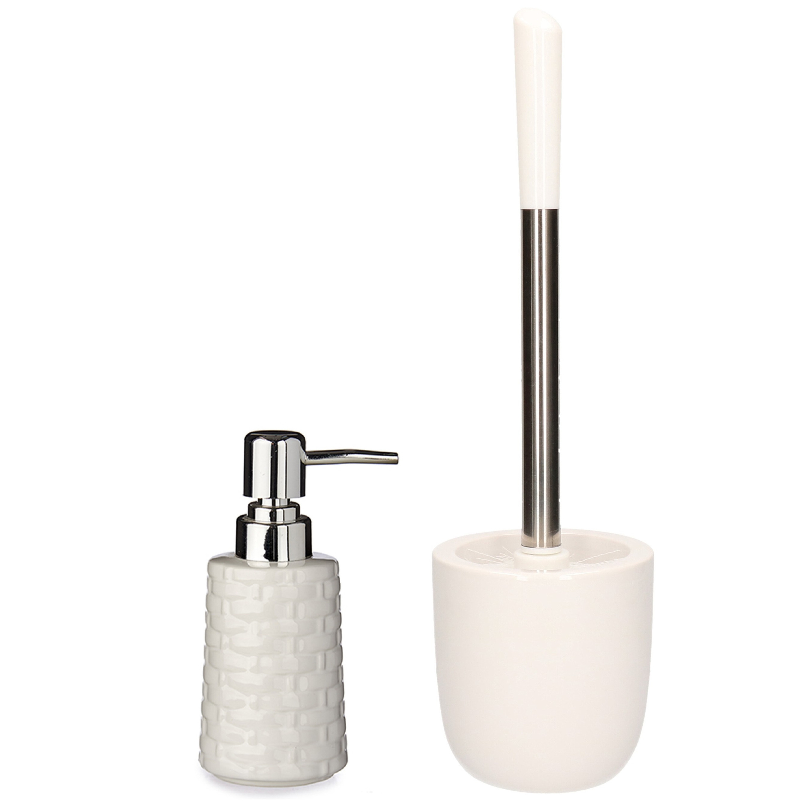 WC-/toiletborstel en houder dolomiet wit met zeeppompje 350 ml -