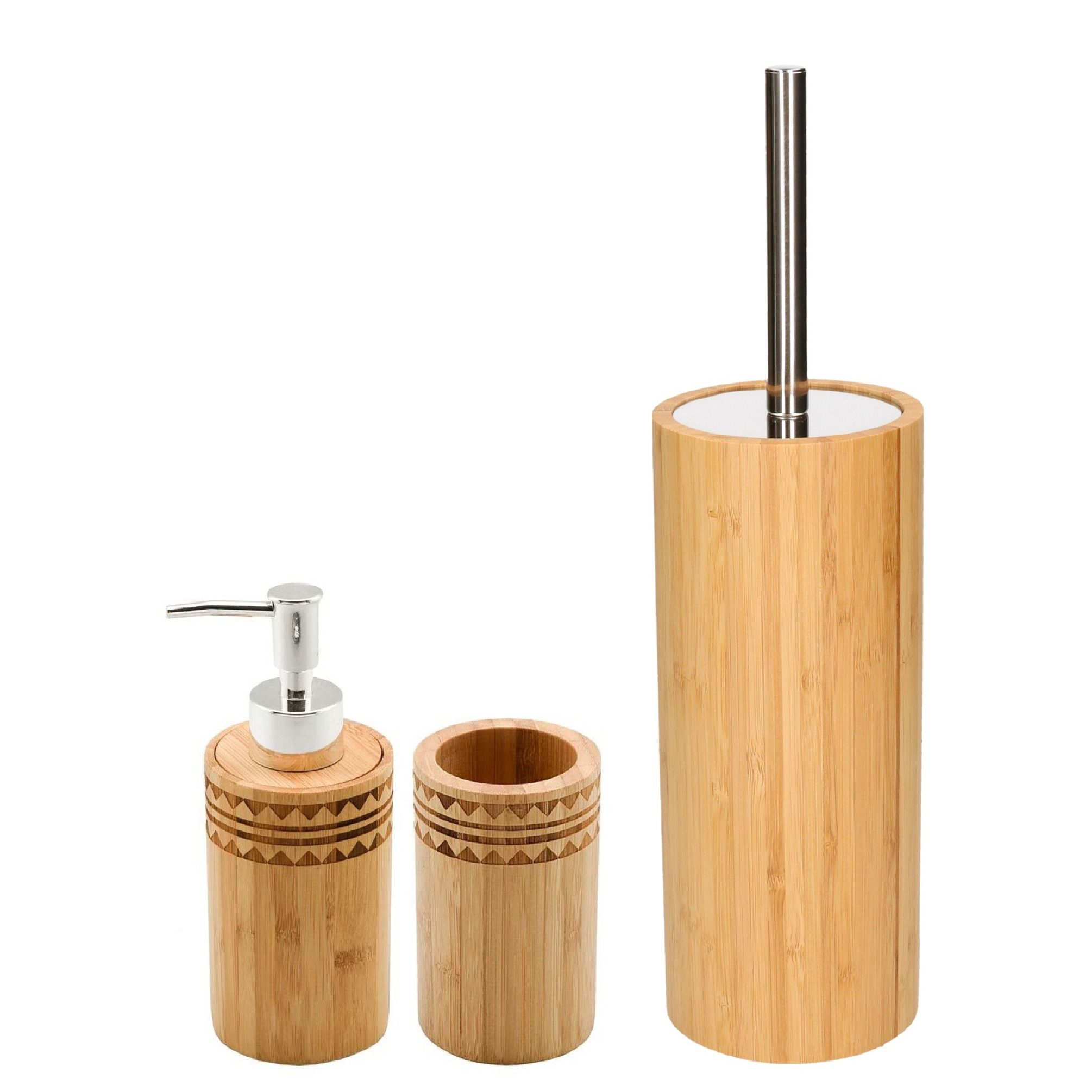 WC/Toiletborstel met houder 37 cm en zeeppompje/beker bamboe hout -