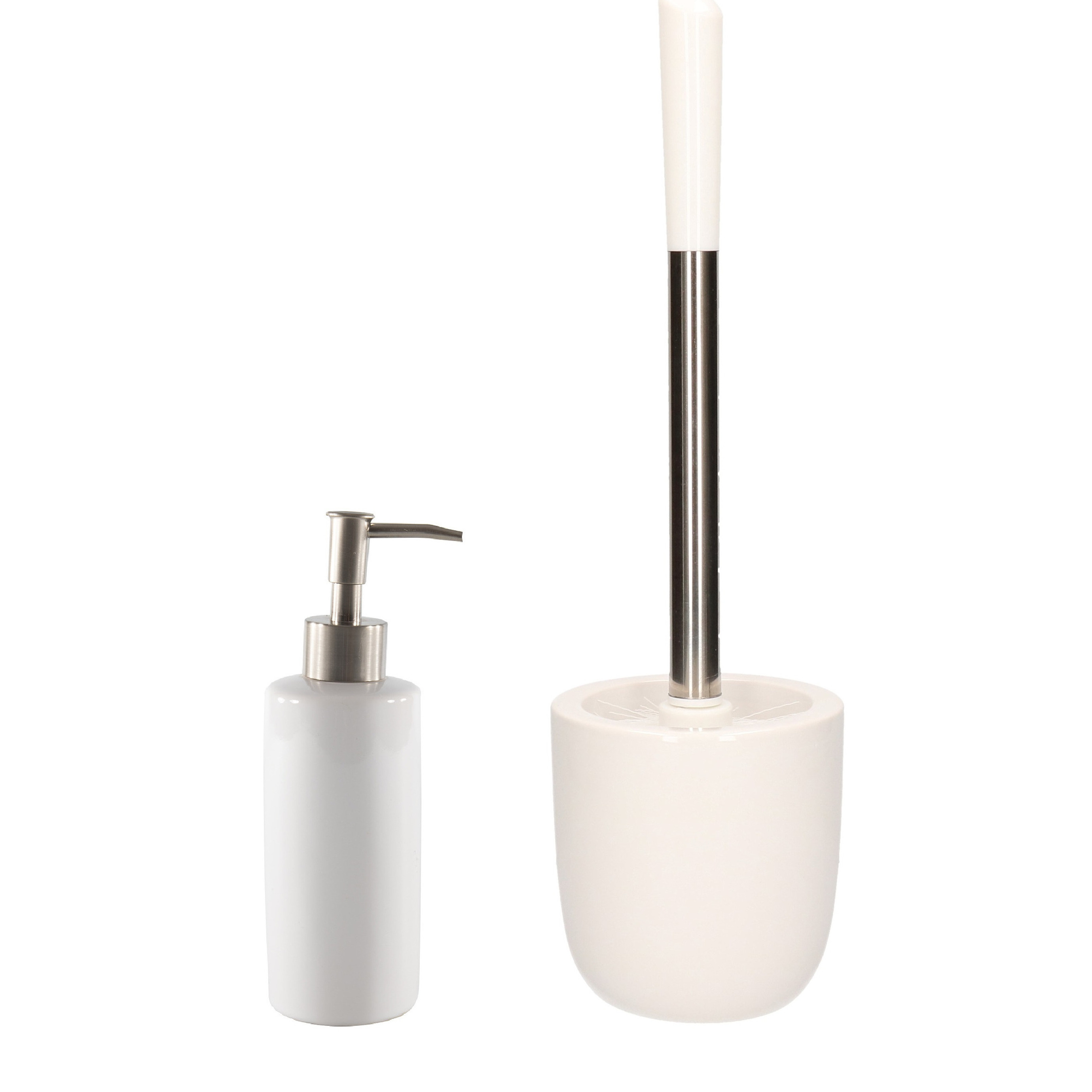 WC-/toiletborstel en houder dolomiet wit met zeeppompje 400 ml -