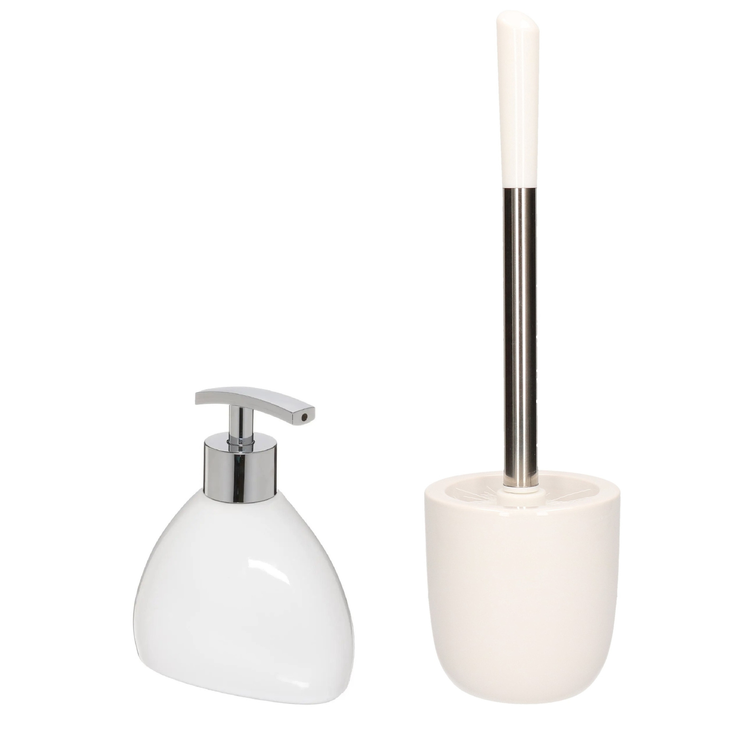 WC-/toiletborstel en houder dolomiet wit met zeeppompje 300 ml -