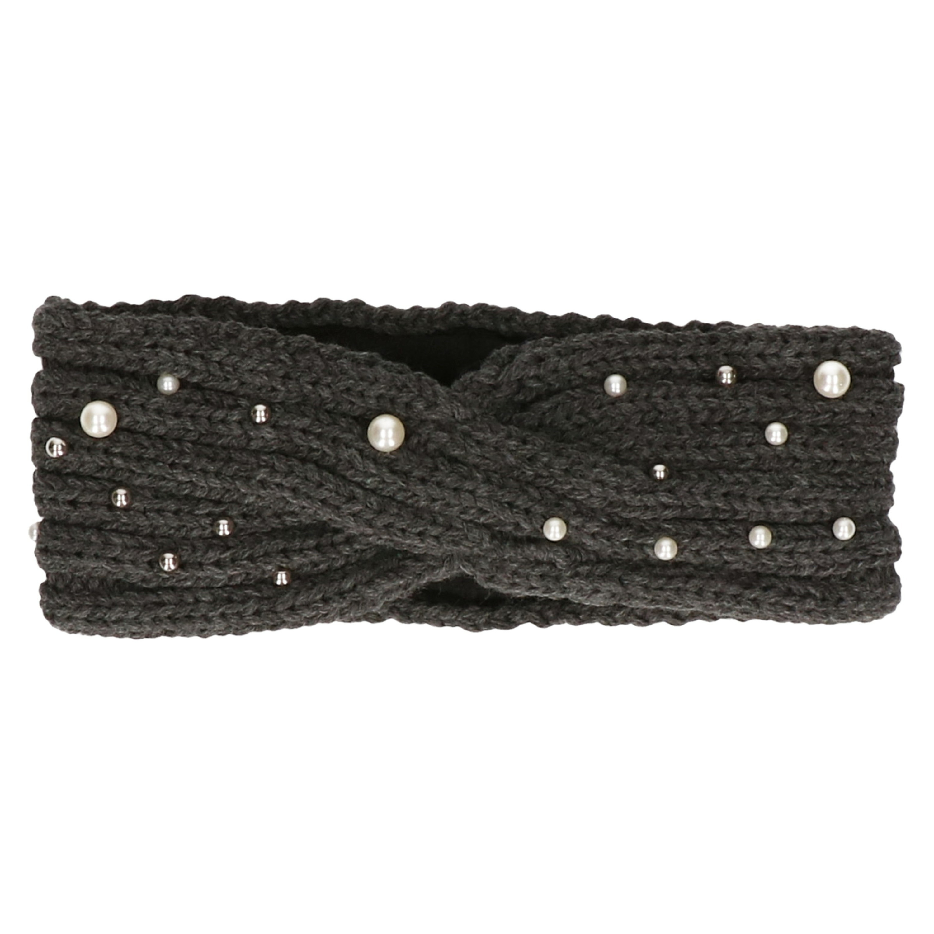 Winter hoofdband donker grijs met parels en fleece voering voor dames -