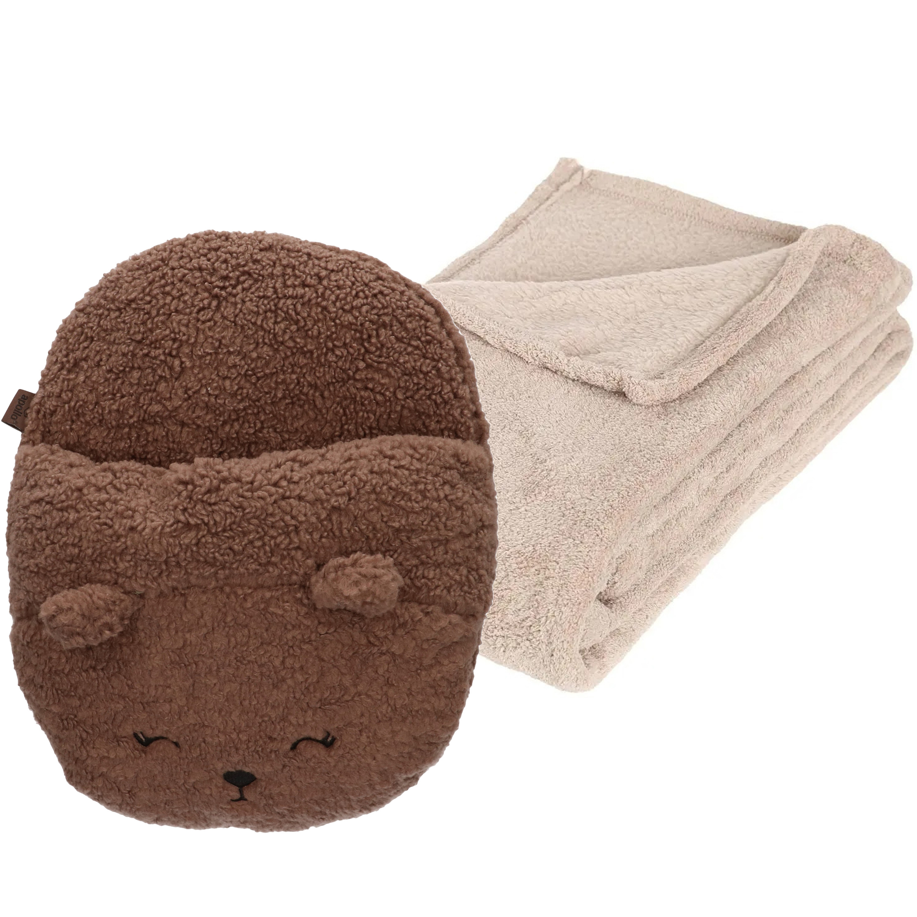 Fleece deken beige 125 x 150 cm met voetenwarmer slof beer one size One size -