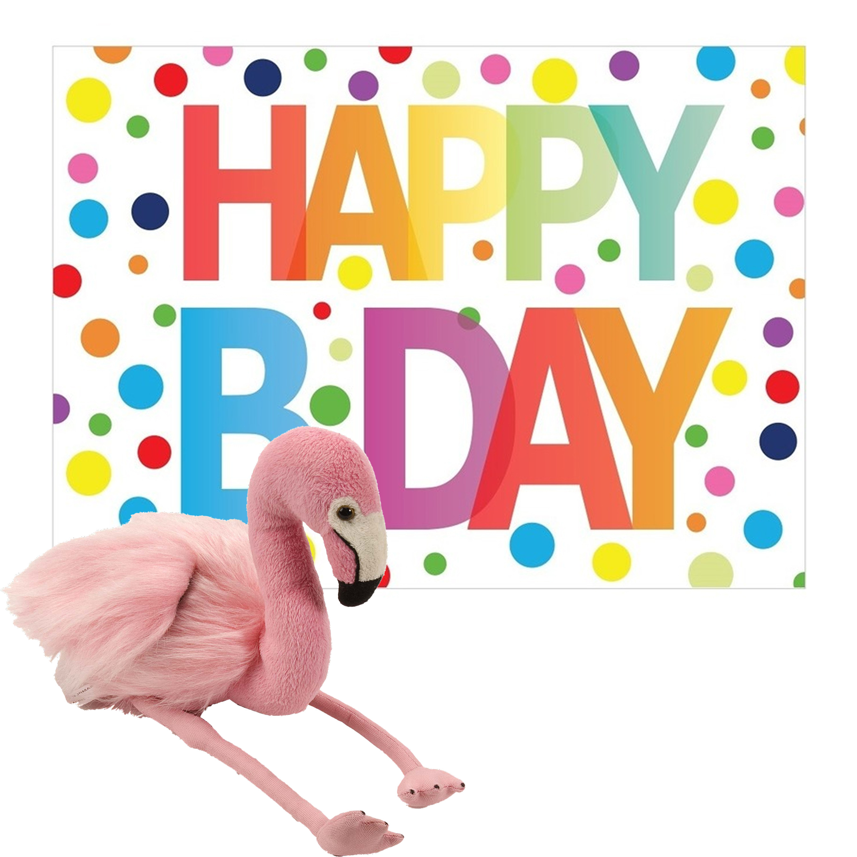Pluche dieren knuffel flamingo 20 cm met Happy Birthday wenskaart -