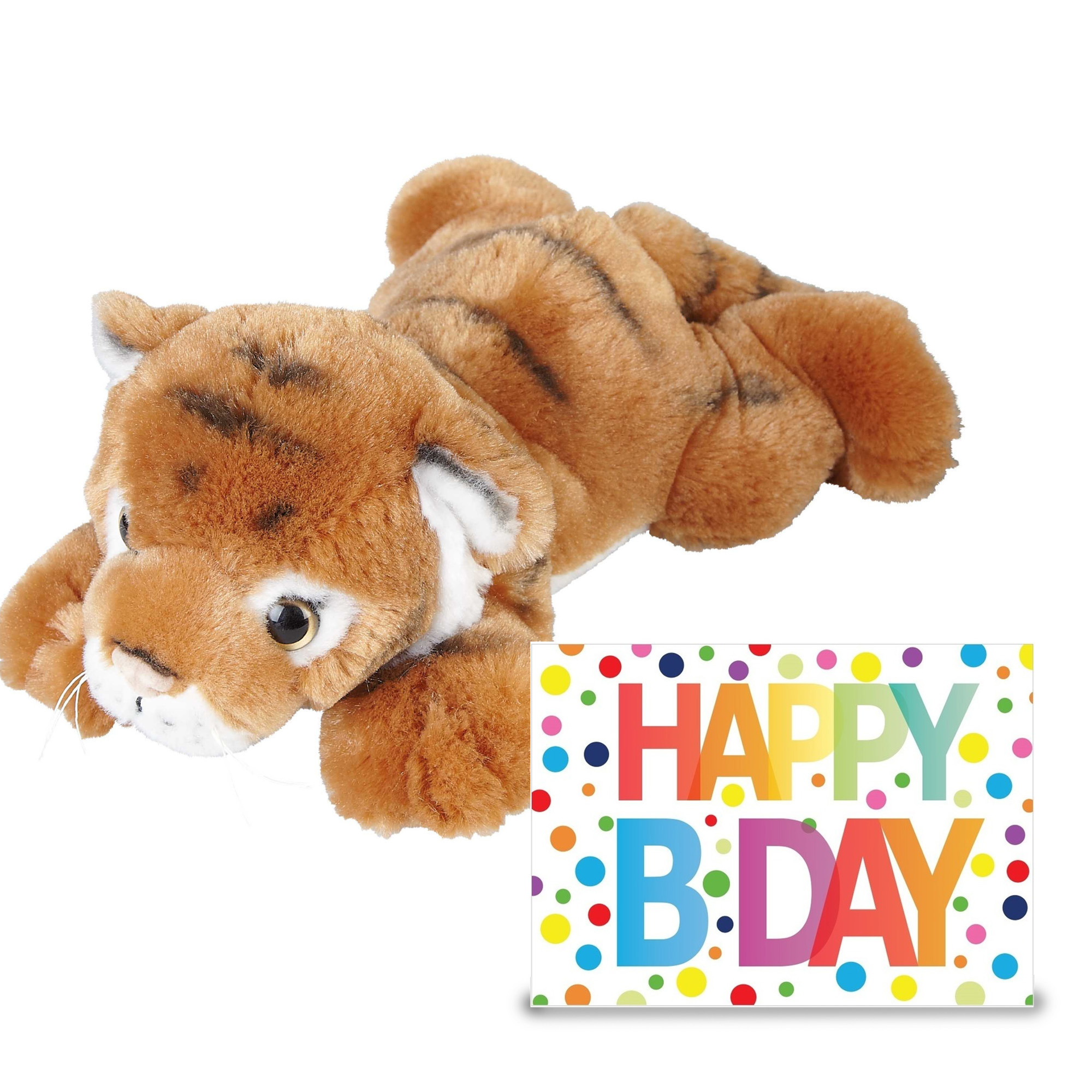 Verjaardag cadeau tijger 25 cm met XL Happy Birthday wenskaart -