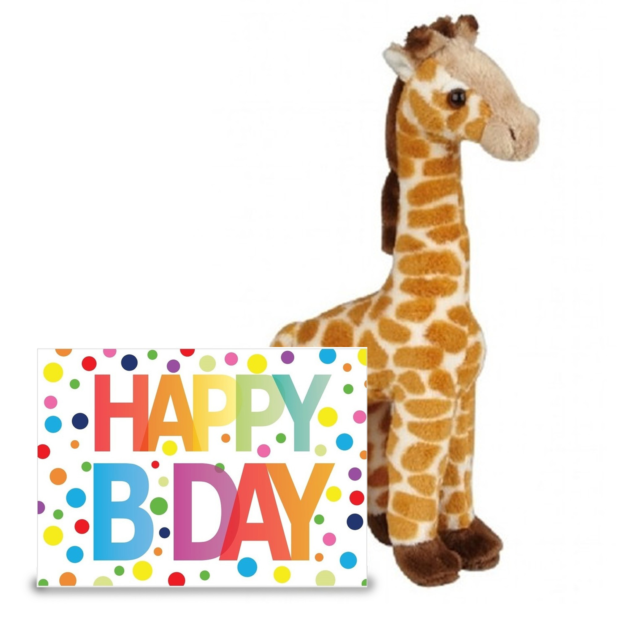Verjaardag cadeau giraffe 23 cm met XL Happy Birthday wenskaart -