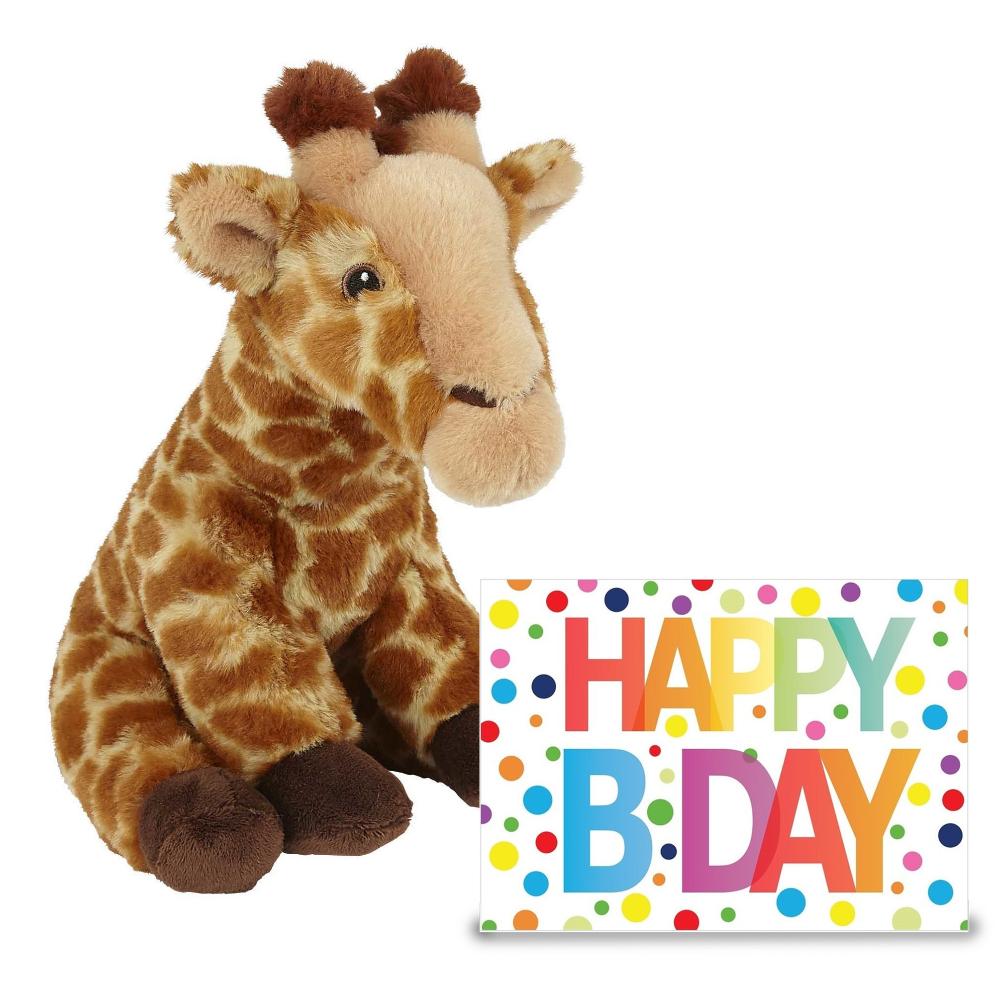Verjaardag cadeau giraffe 23 cm met XL Happy Birthday wenskaart -