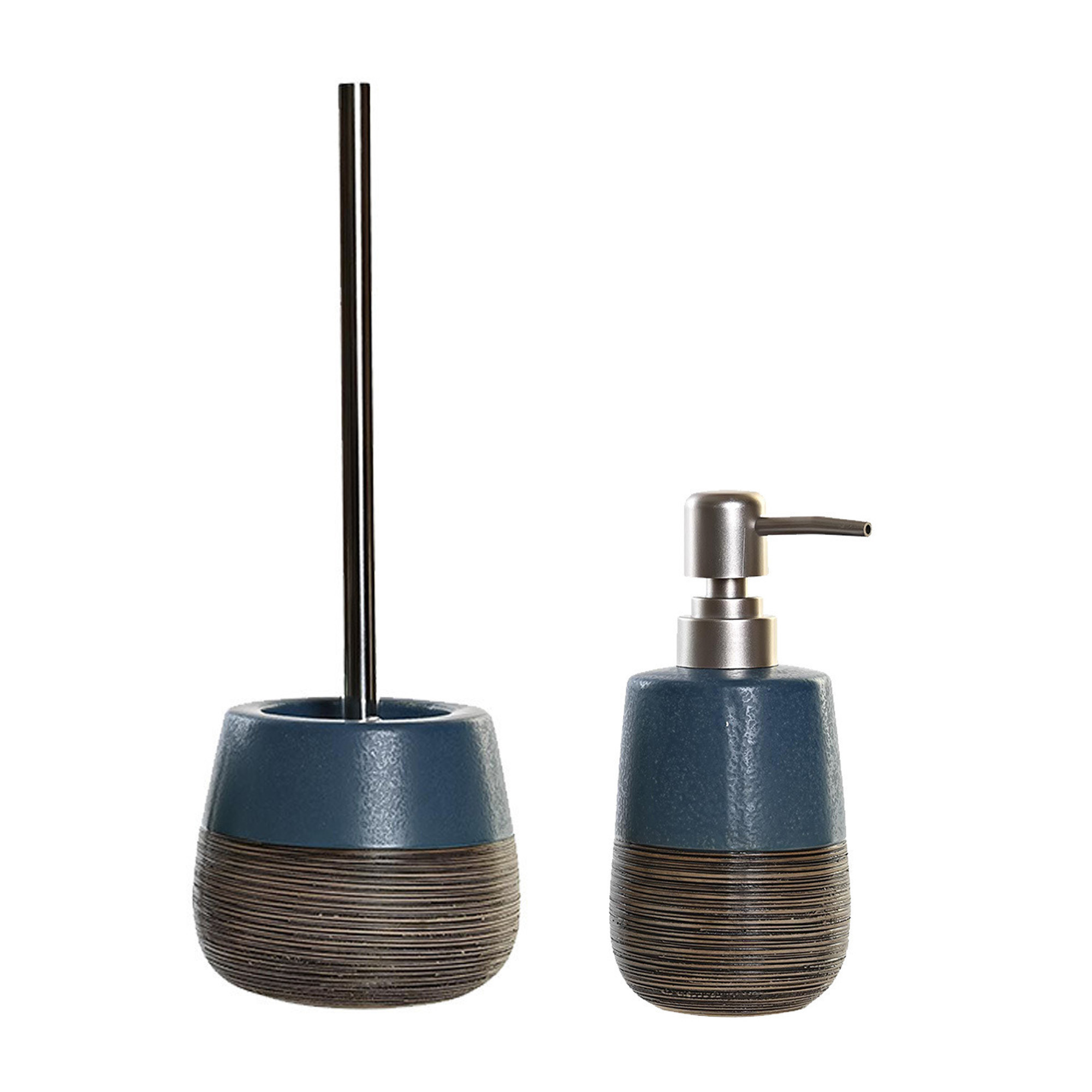 Toiletborstel met houder 36 cm en zeeppompje 280 ml polystone marine blauw -