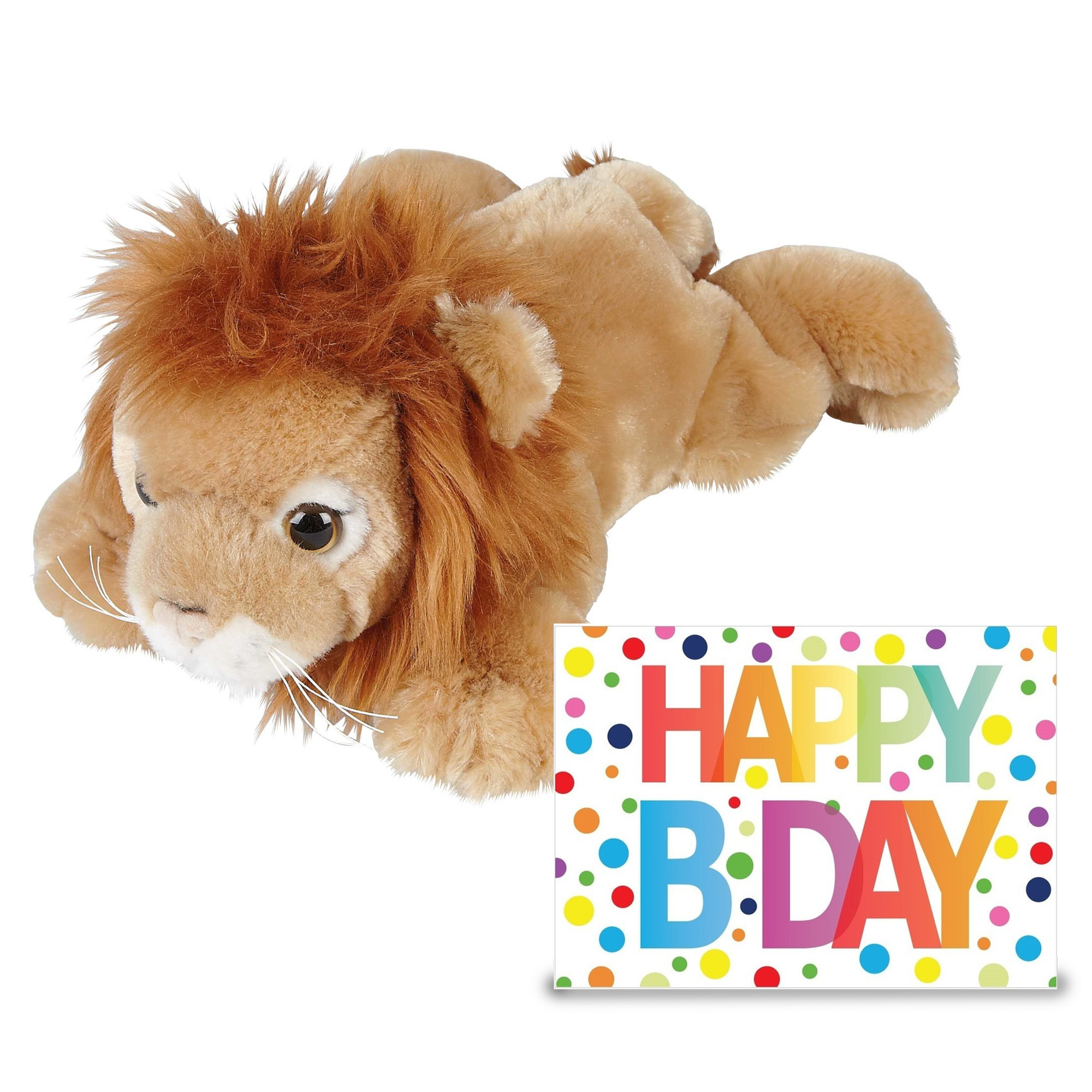Verjaardag cadeau leeuw 25 cm met XL Happy Birthday wenskaart -