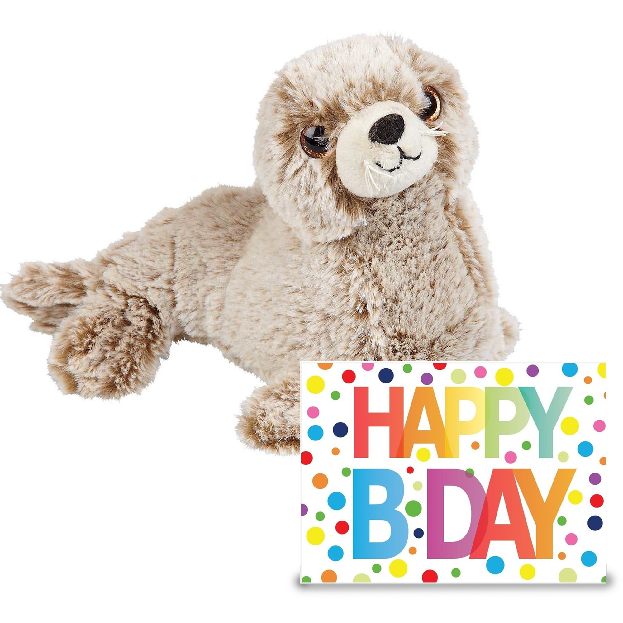 Verjaardag cadeau Zeehond pup 23 cm met XL Happy Birthday wenskaart -