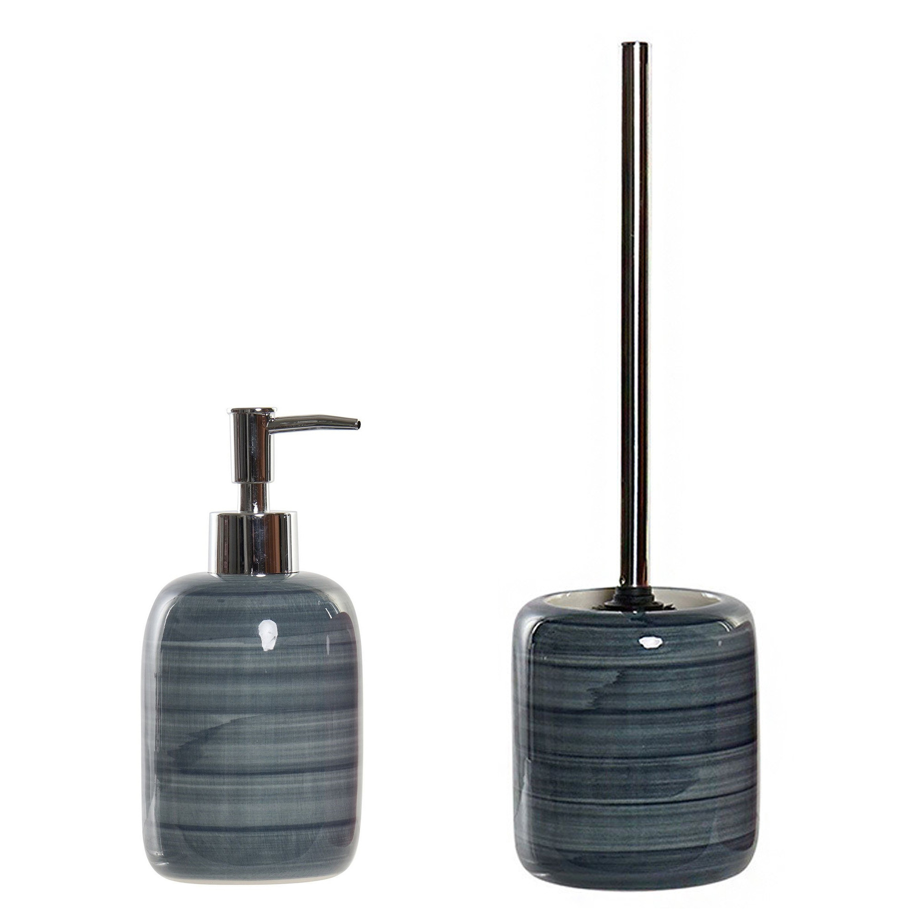 Toiletborstel marmer look polystone blauw 39 cm met zeeppompje 300 ml -