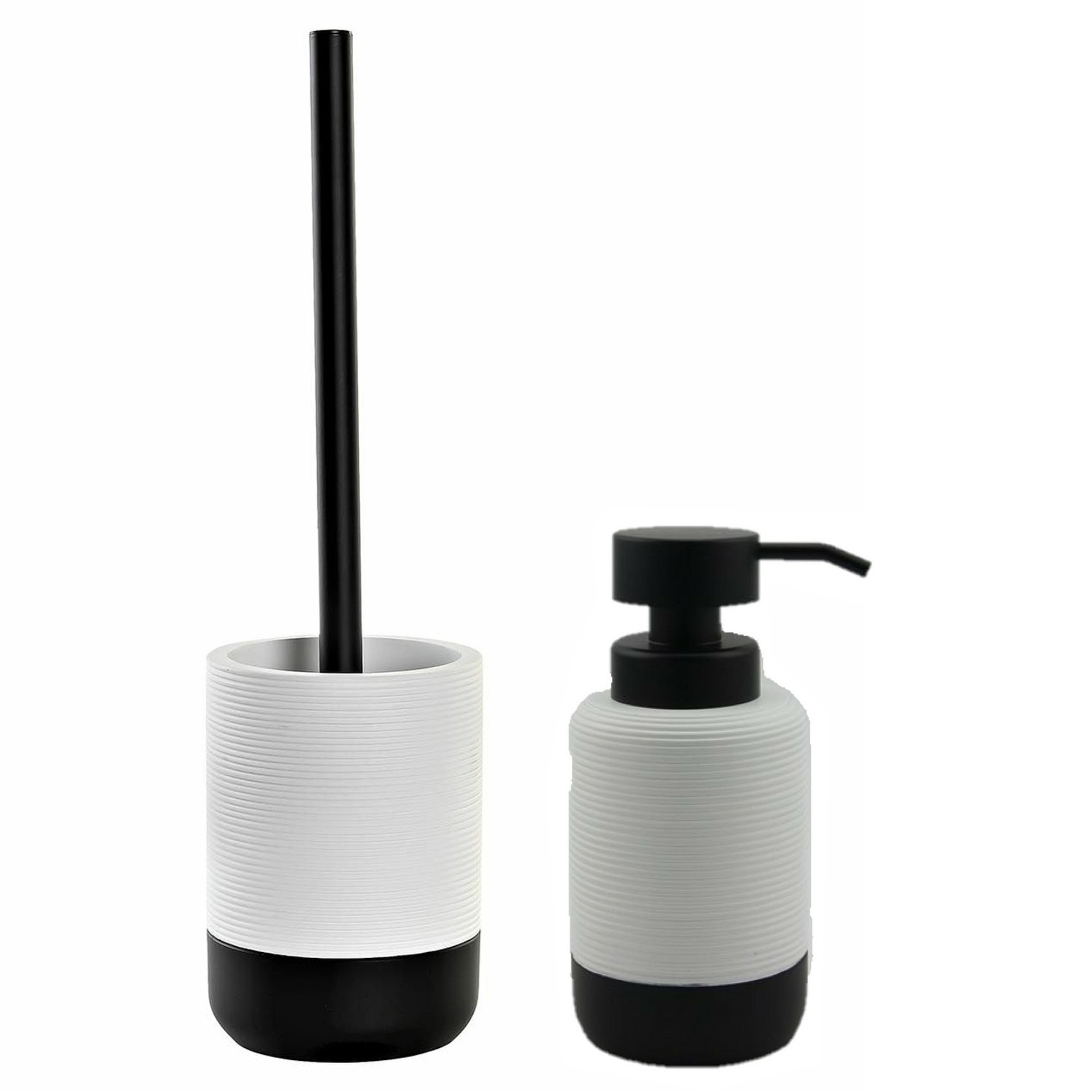 Toiletborstel met houder 38 cm en zeeppompje 300 ml keramiek wit/zwart -