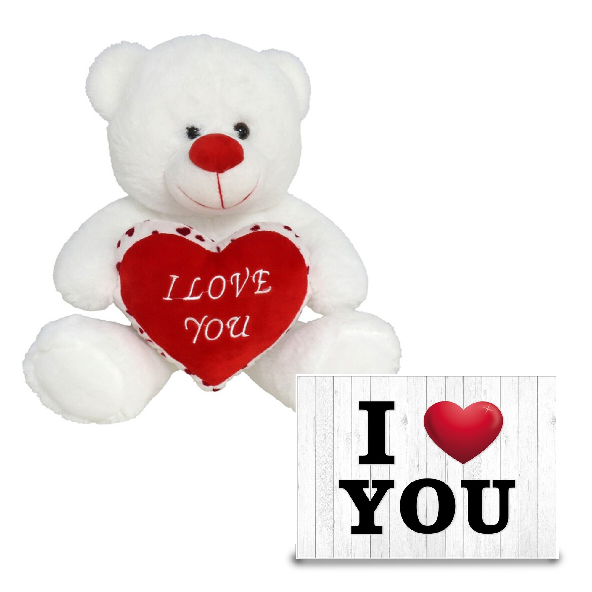 Pluche knuffel Valentijn I Love You beertje 20cm met hartjes wenskaart -