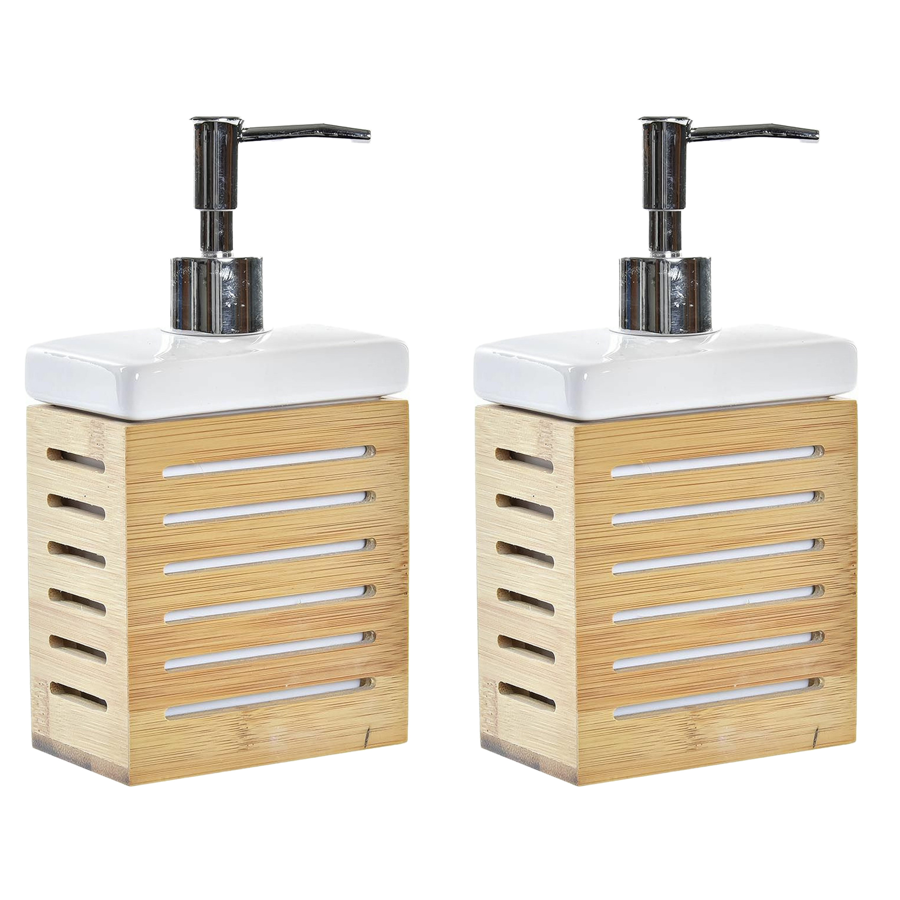 2x stuks zeeppompje/dispenser bamboe hout/wit 300 ml - 10 x 19 cm -