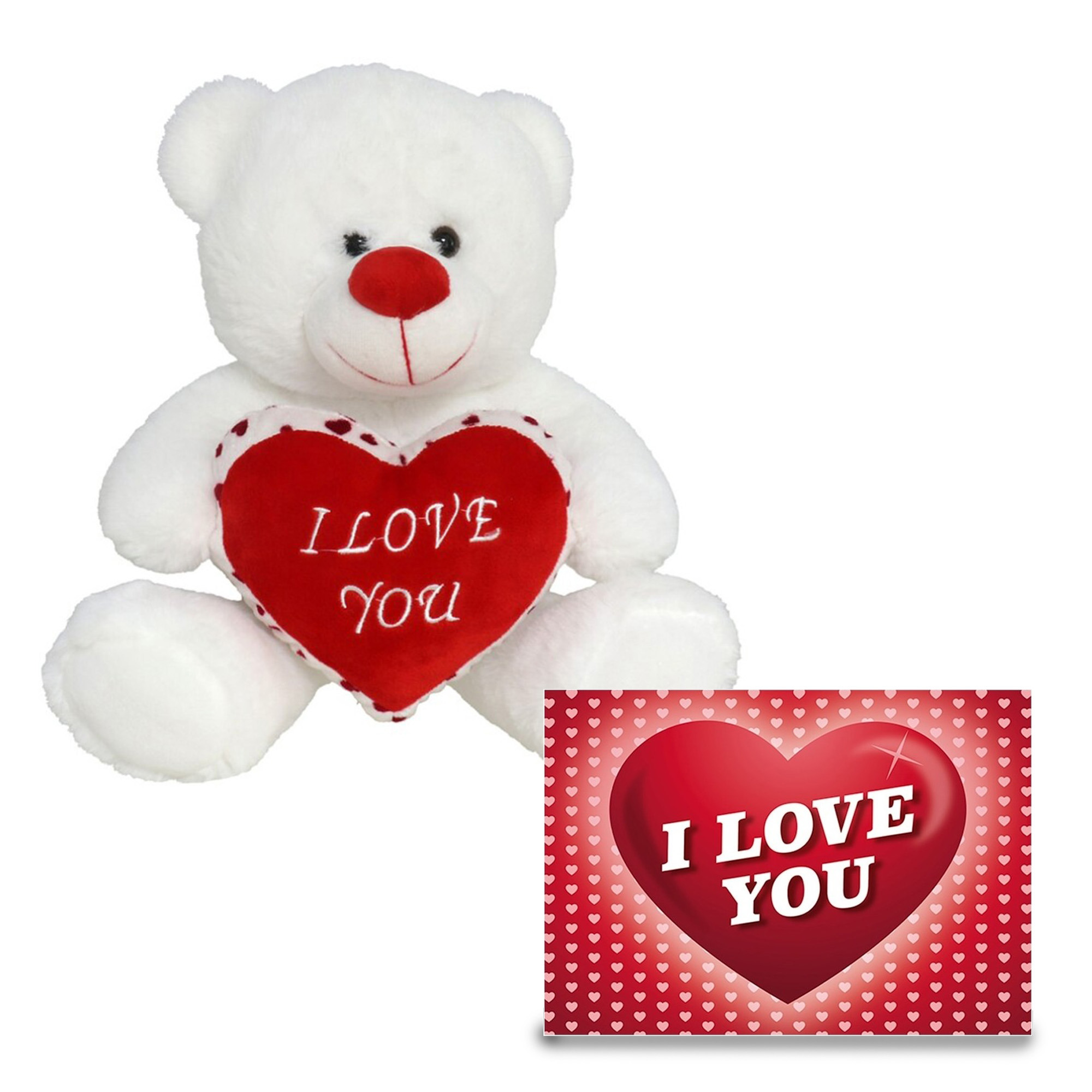 Pluche knuffel Valentijn I Love You beertje 20cm met hartjes wenskaart -