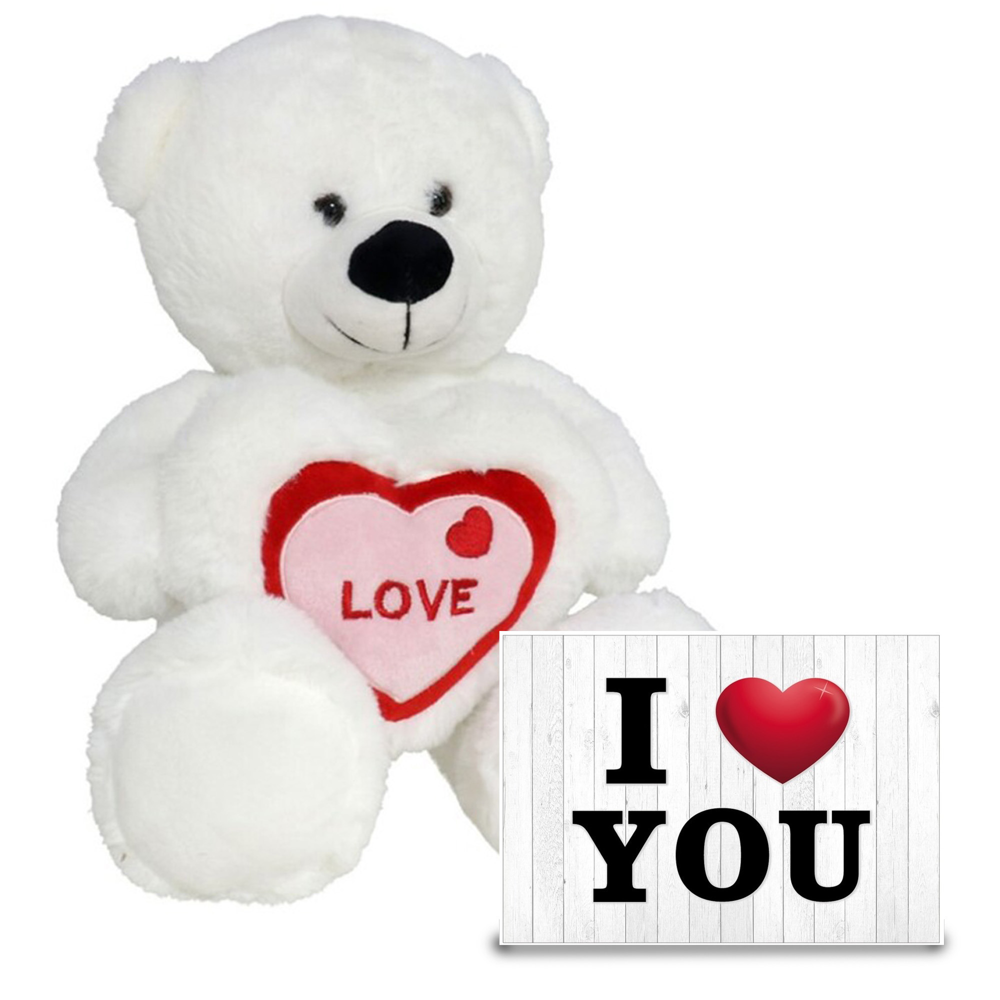 Pluche knuffel Valentijn I Love You beertje 30cm met hartjes wenskaart -