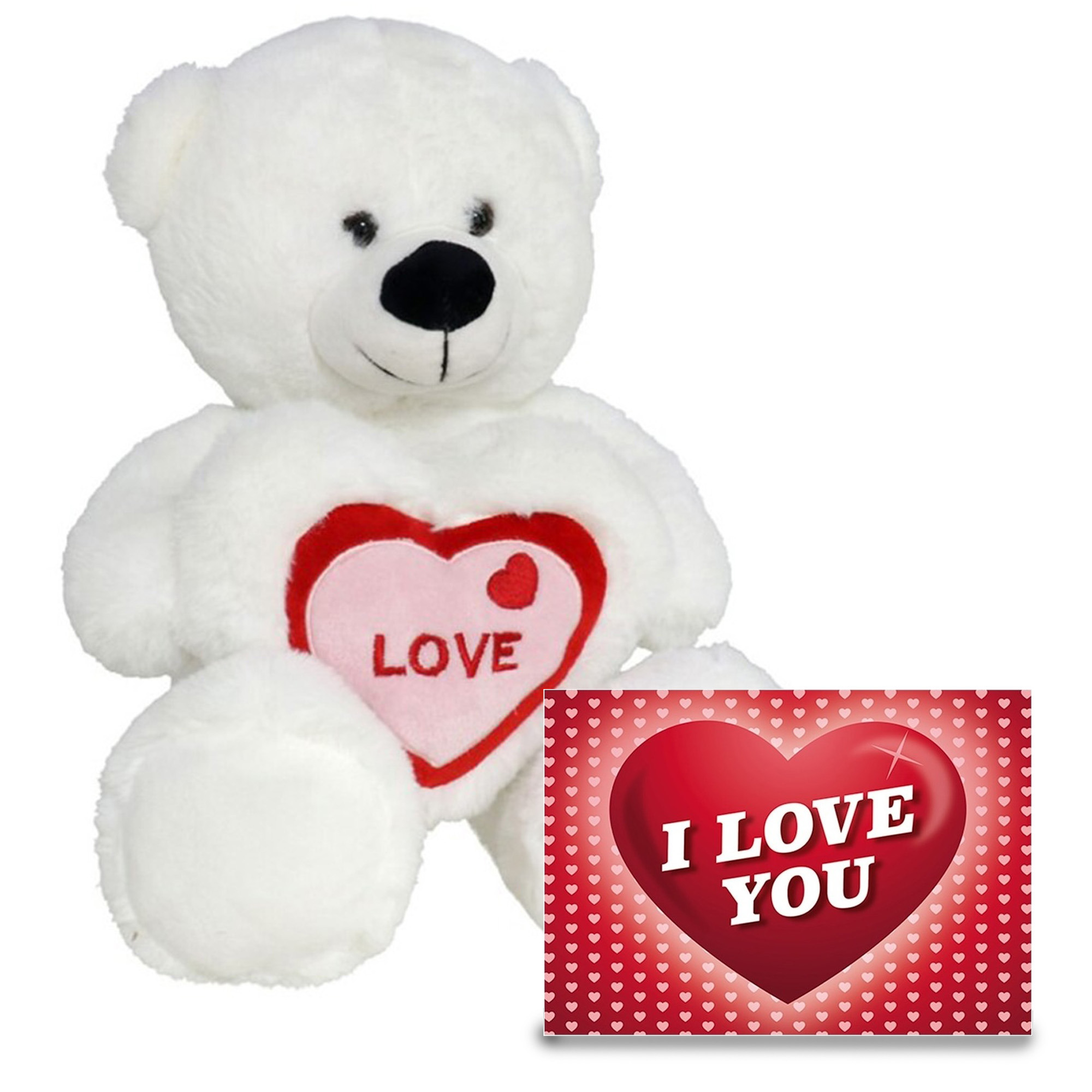 Pluche knuffel Valentijn I Love You beertje 30cm met hartjes wenskaart -