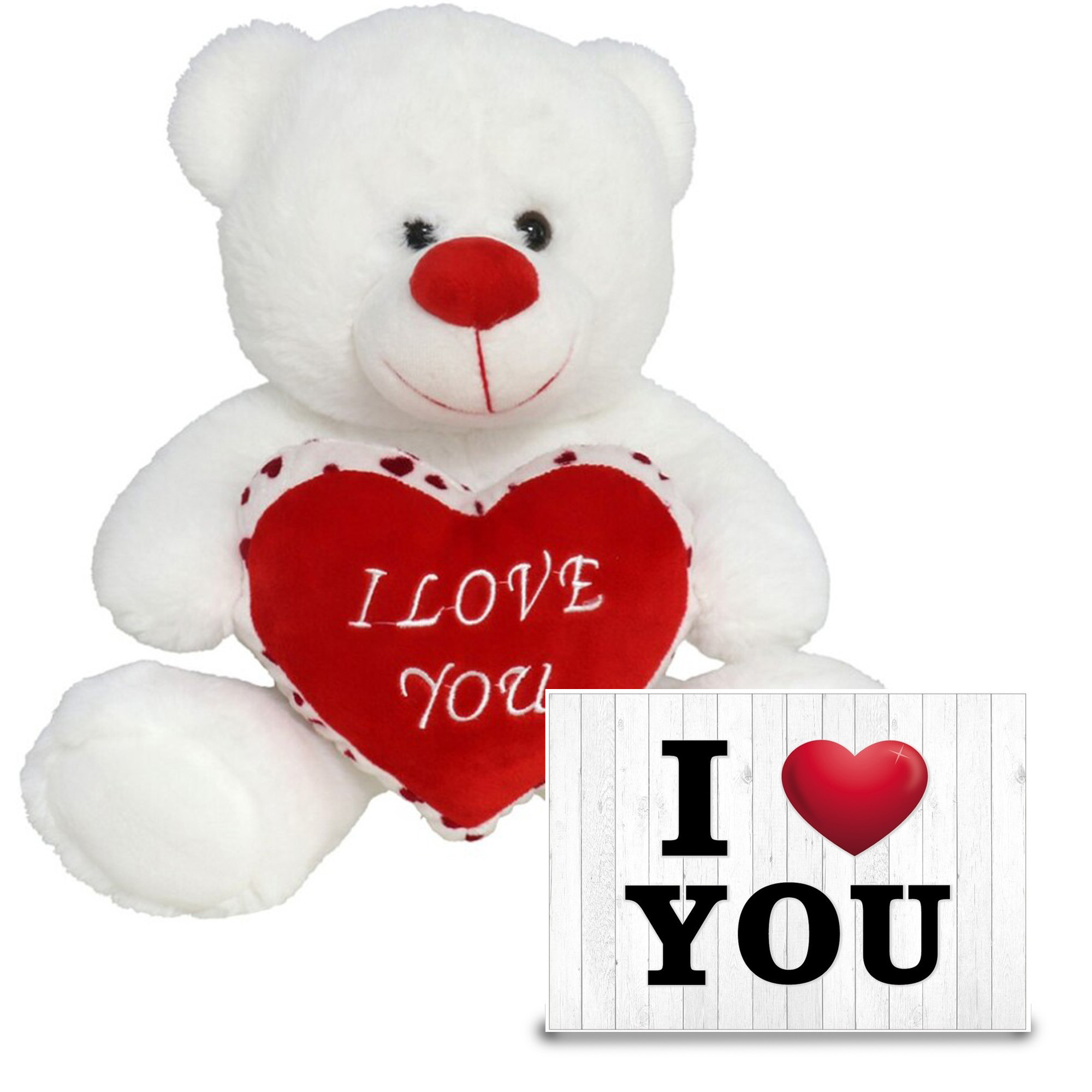 Pluche knuffel Valentijn I Love You beertje 30cm met hartjes wenskaart -