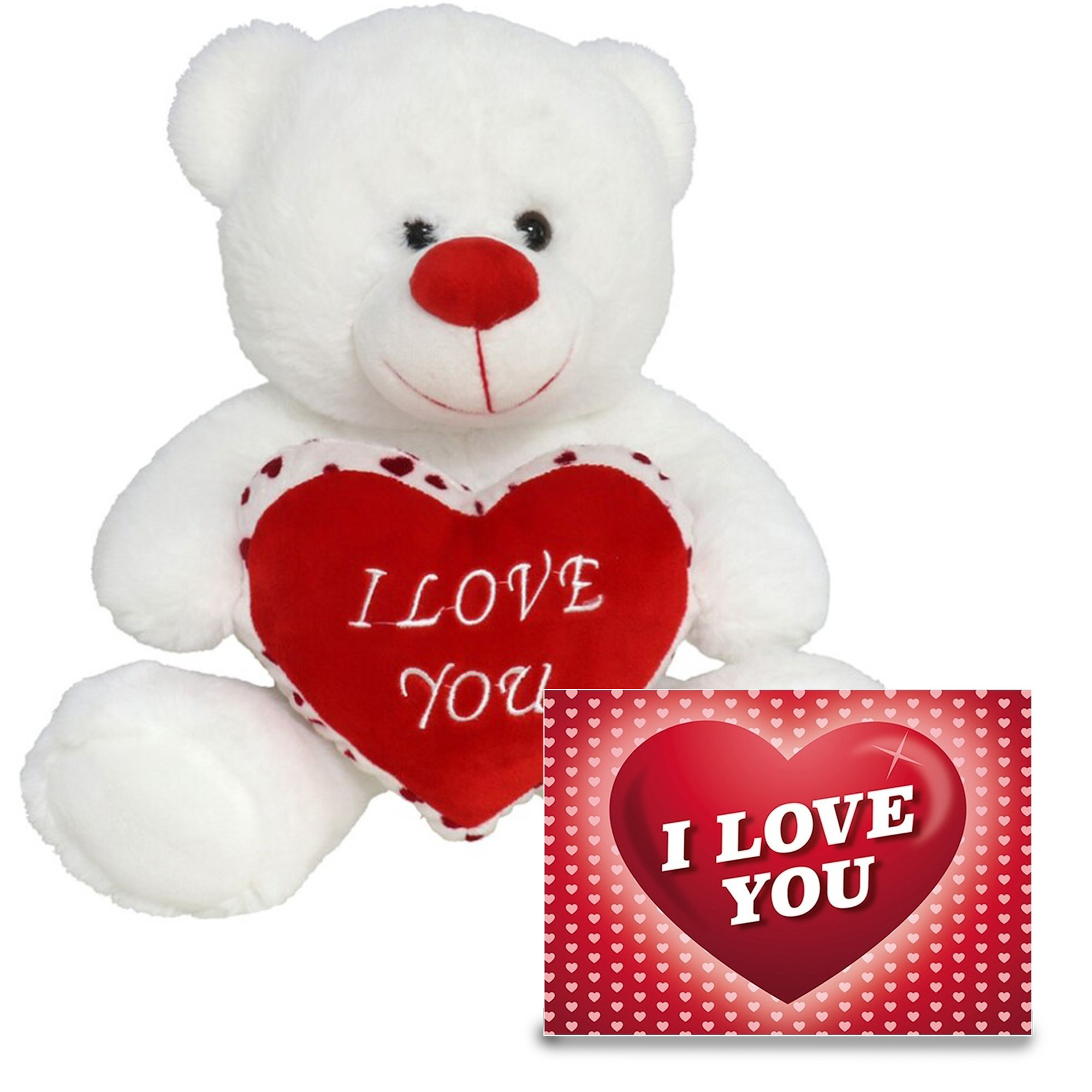 Pluche knuffel Valentijn I Love You beertje 30cm met hartjes wenskaart -