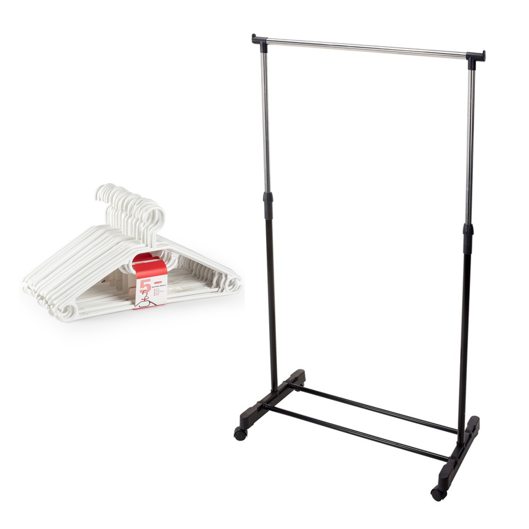 Mobiel kledingrek met kleding hangers - 10 kunststof hangers - wit/zwart -