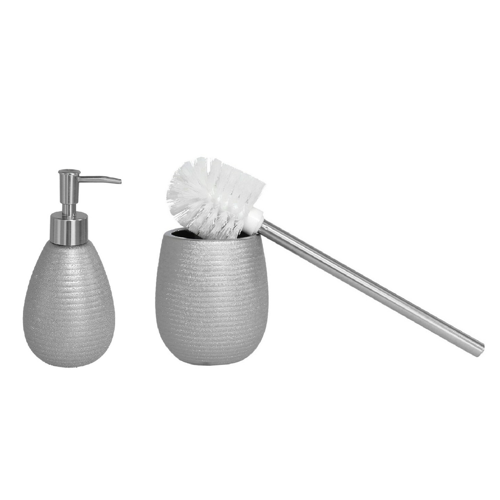 WC-/toiletborstel houder polystone met zeeppompje 280 ml zilver kleurig -