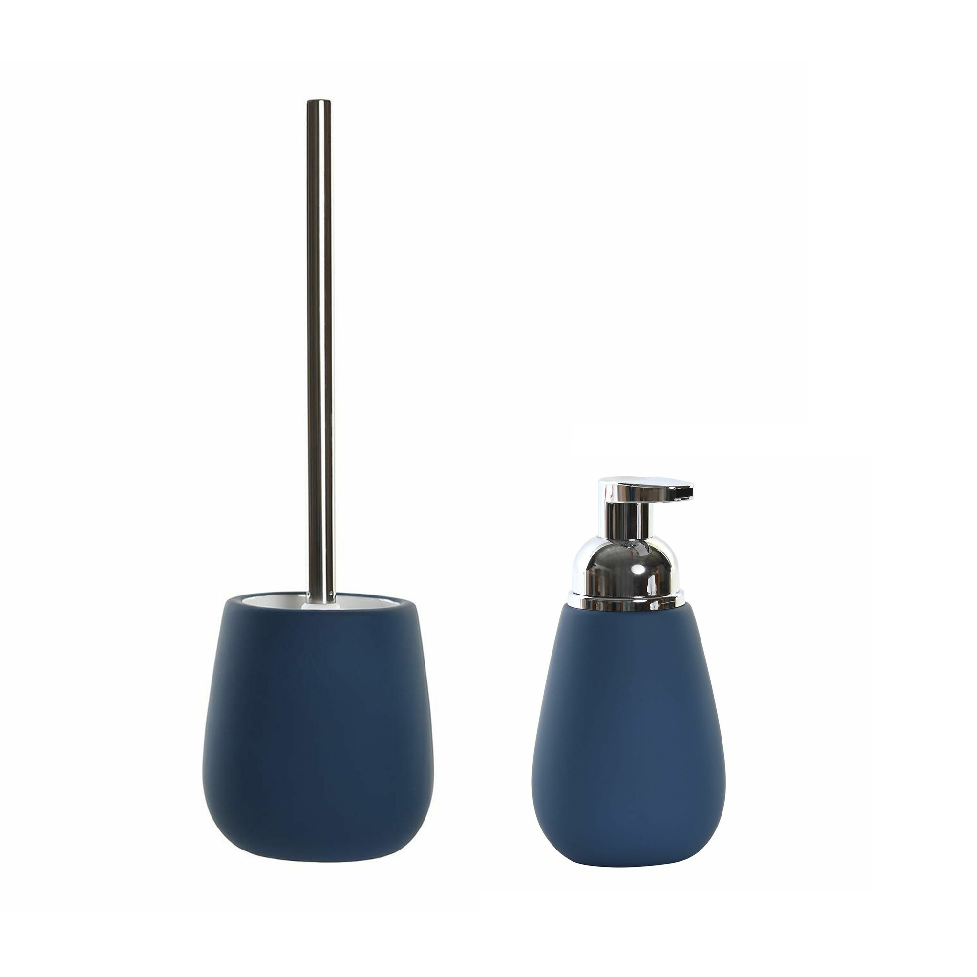 Toiletborstel met houder 39 cm en zeeppompje 280 ml keramiek donkerblauw -
