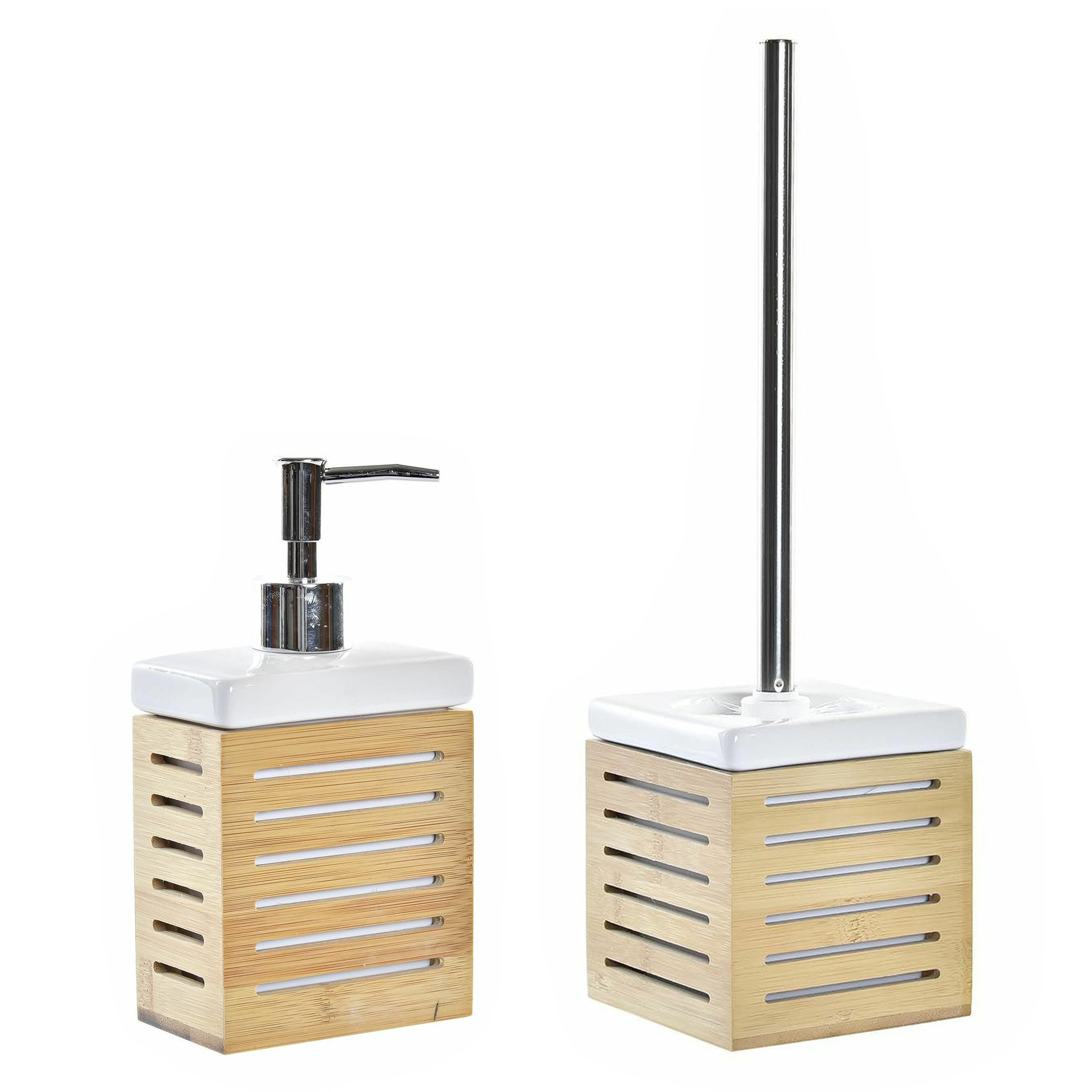 Toiletborstel met houder 37 cm en zeeppompje 300 ml bamboe/metaal -