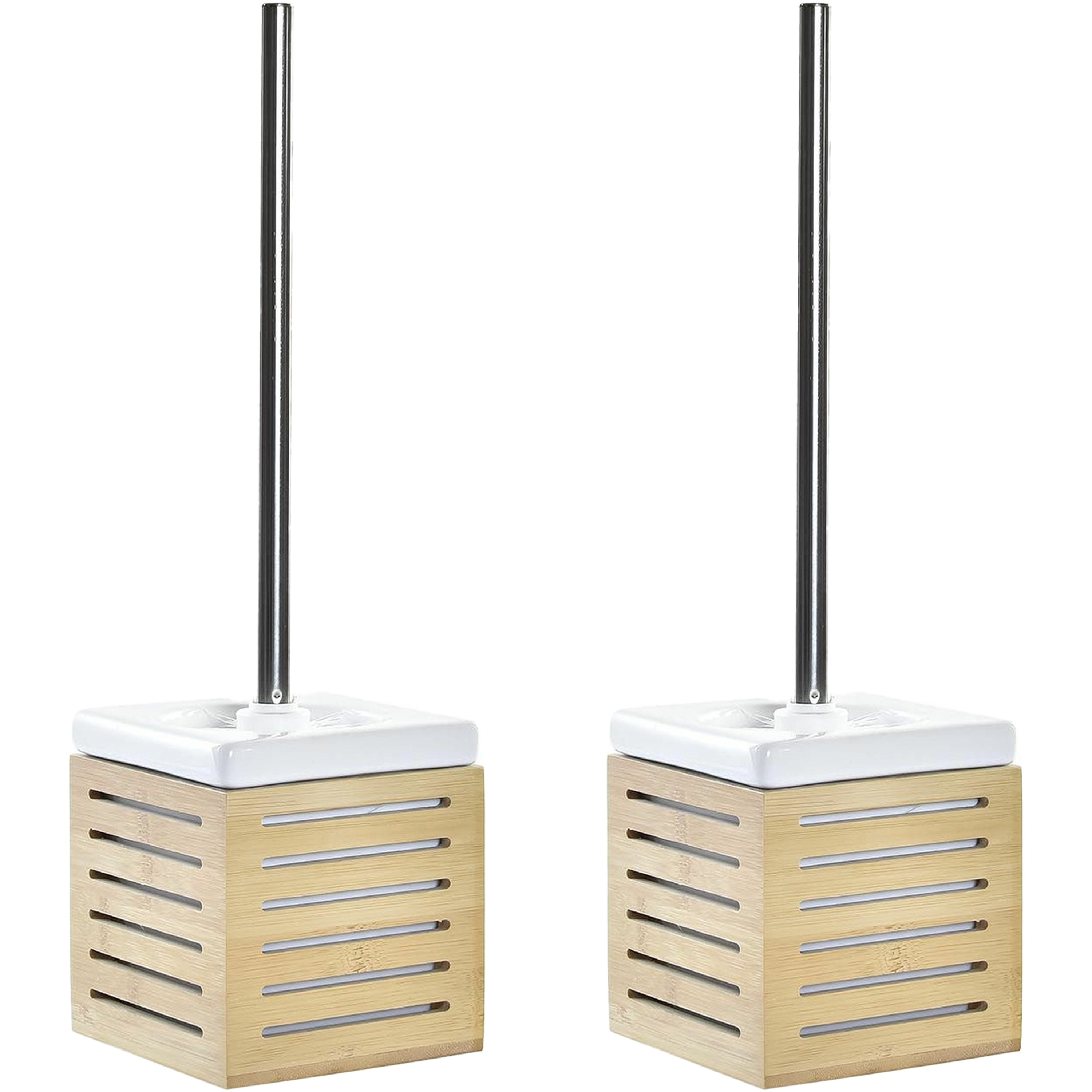2x stuks WC/Toiletborstel in houder bamboe hout/wit 37 x 11 cm -