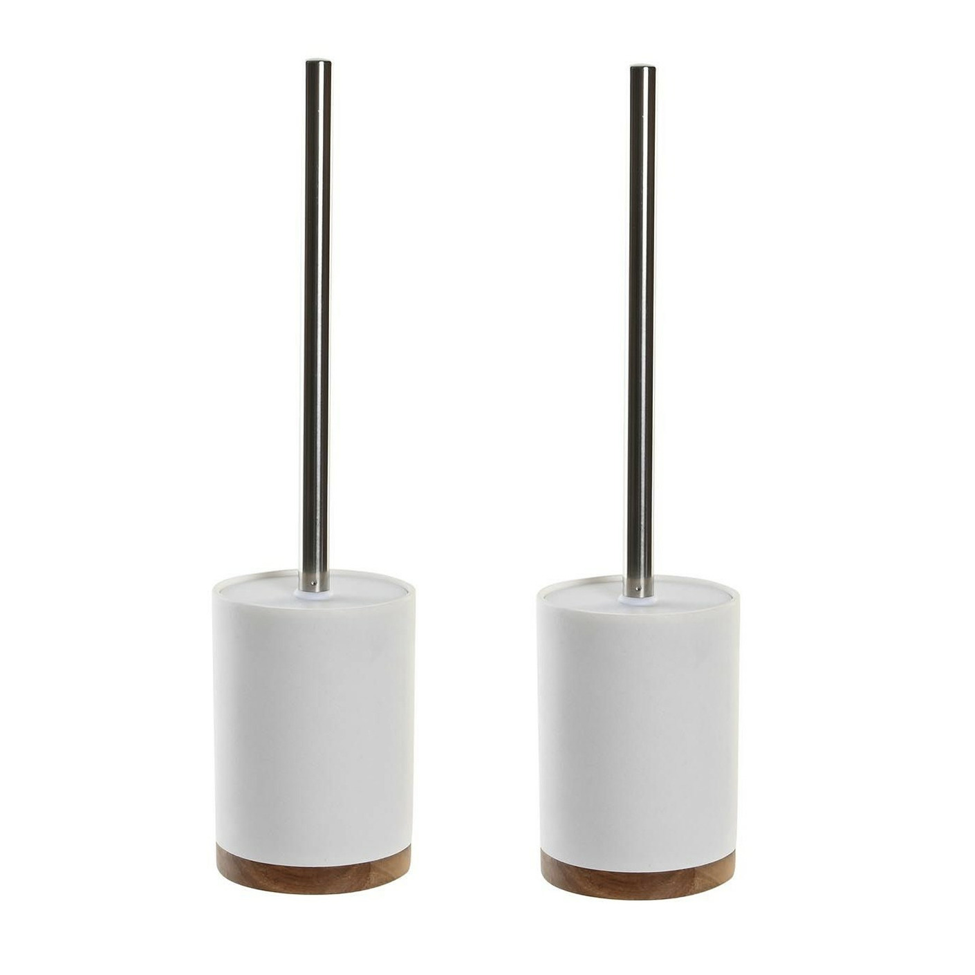 2x stuks WC/Toiletborstel in houder wit keramiek/acacia hout 41x10 cm -