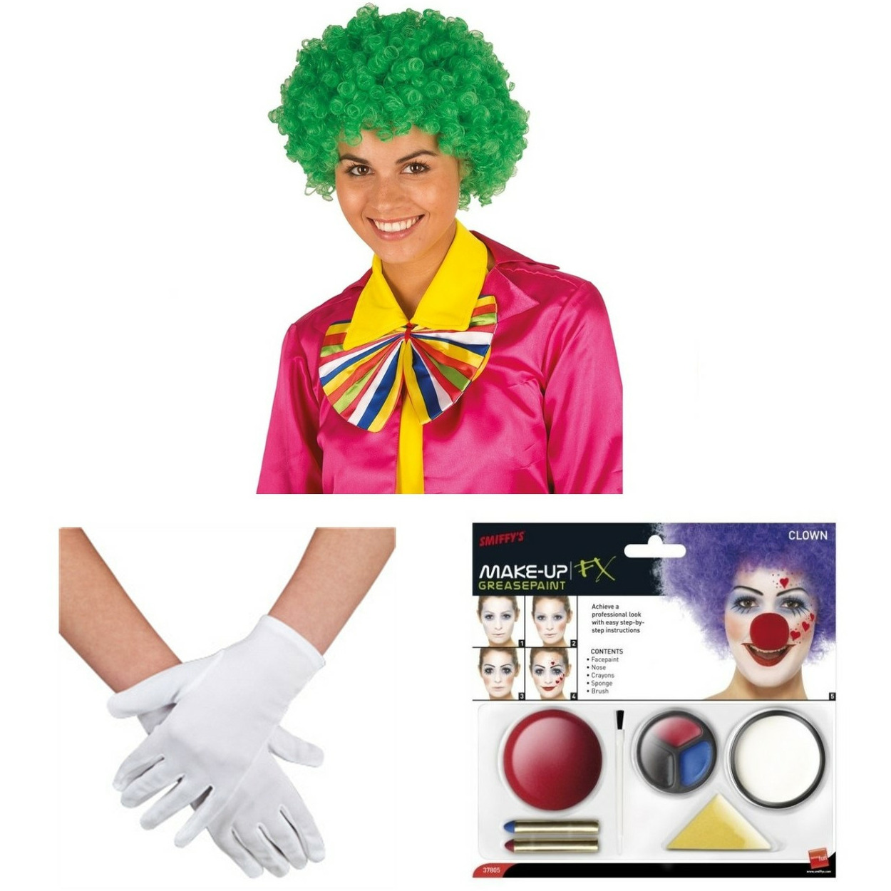 Clown verkleed set volwassenen - Pruik/schmink/handschoenen -