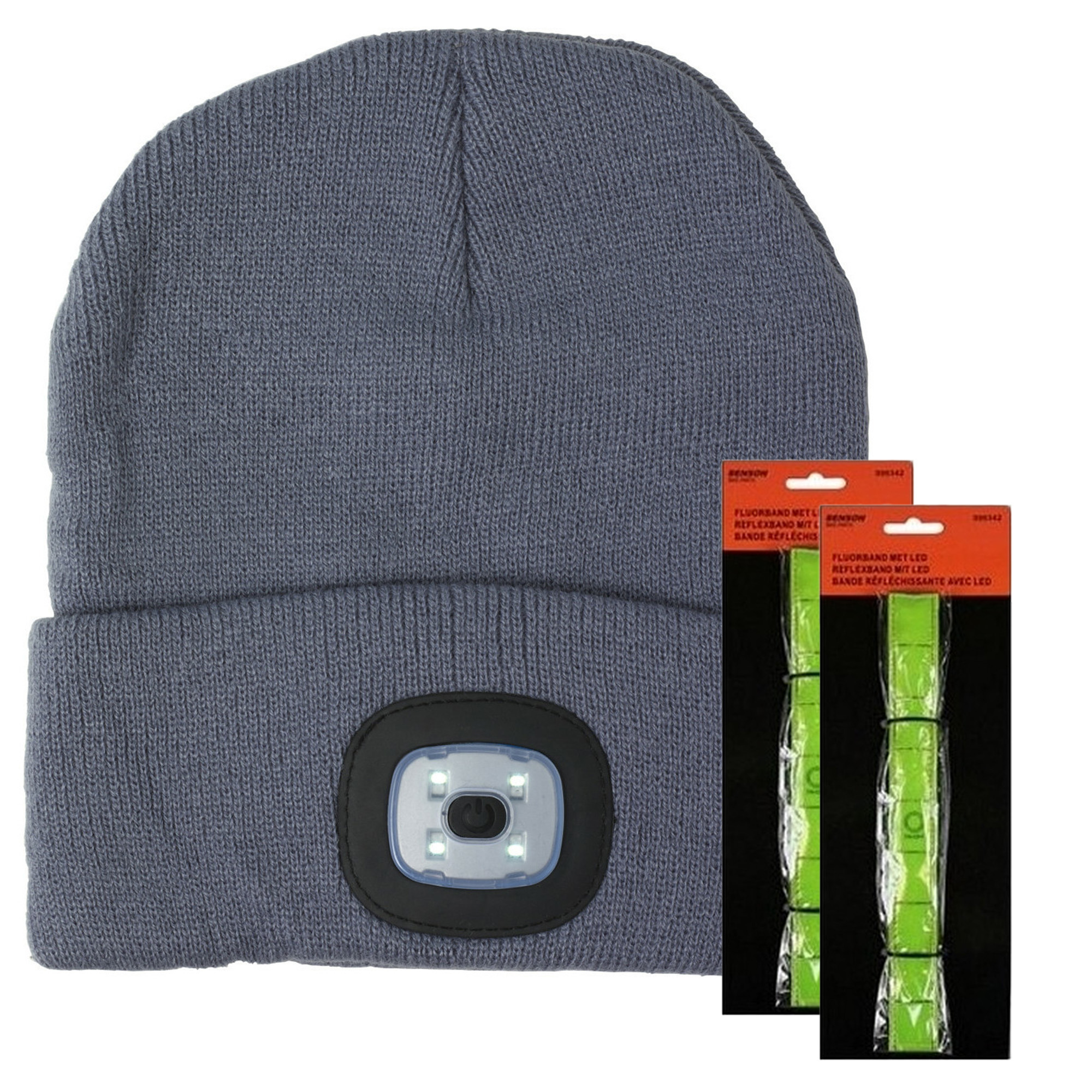Benson Hardloop set winter - LED wintermuts/beanie grijs - LED Hardloop reflectie bandje One size -