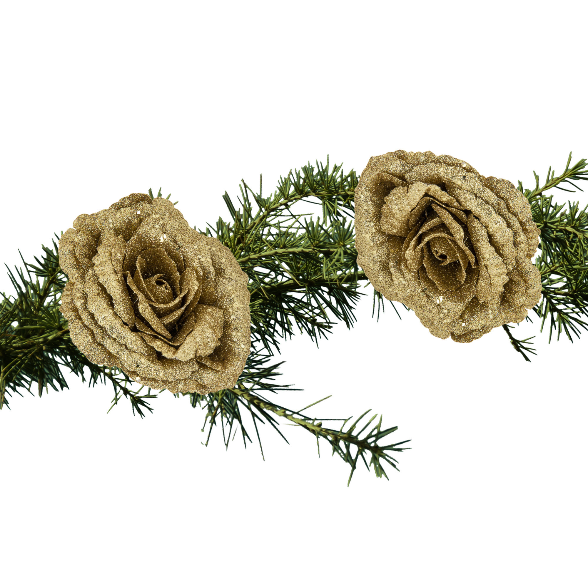 2x stuks kerstboom decoratie bloemen roos goud glitter op clip 18 cm -