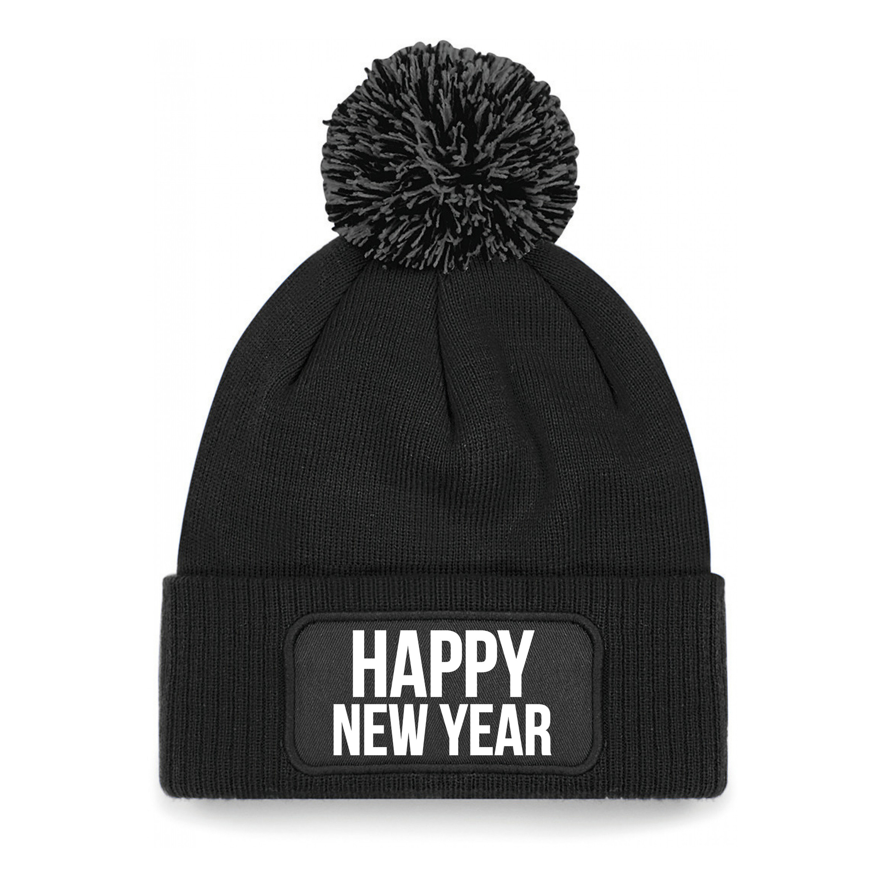 Happy New Year muts met pompon unisex - one size - zwart One size -