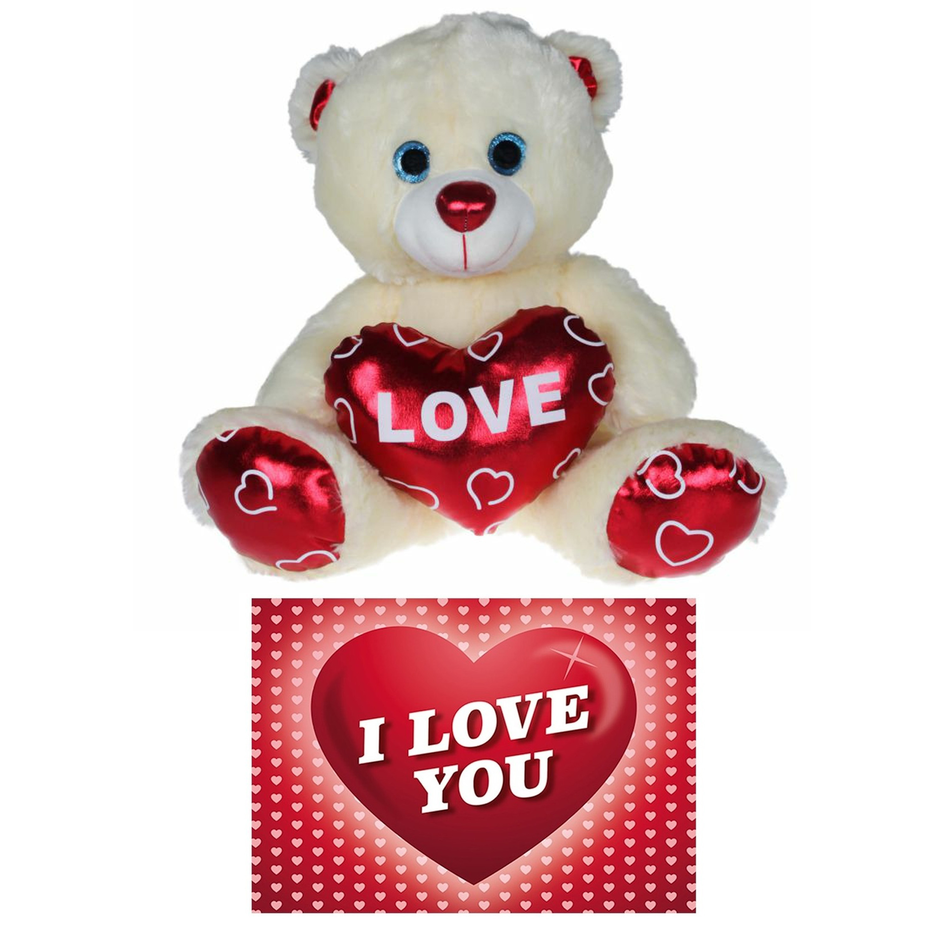 Pluche knuffelbeer 30 cm met wit/rood Valentijn Love hartje incl. hartjes wenskaart -