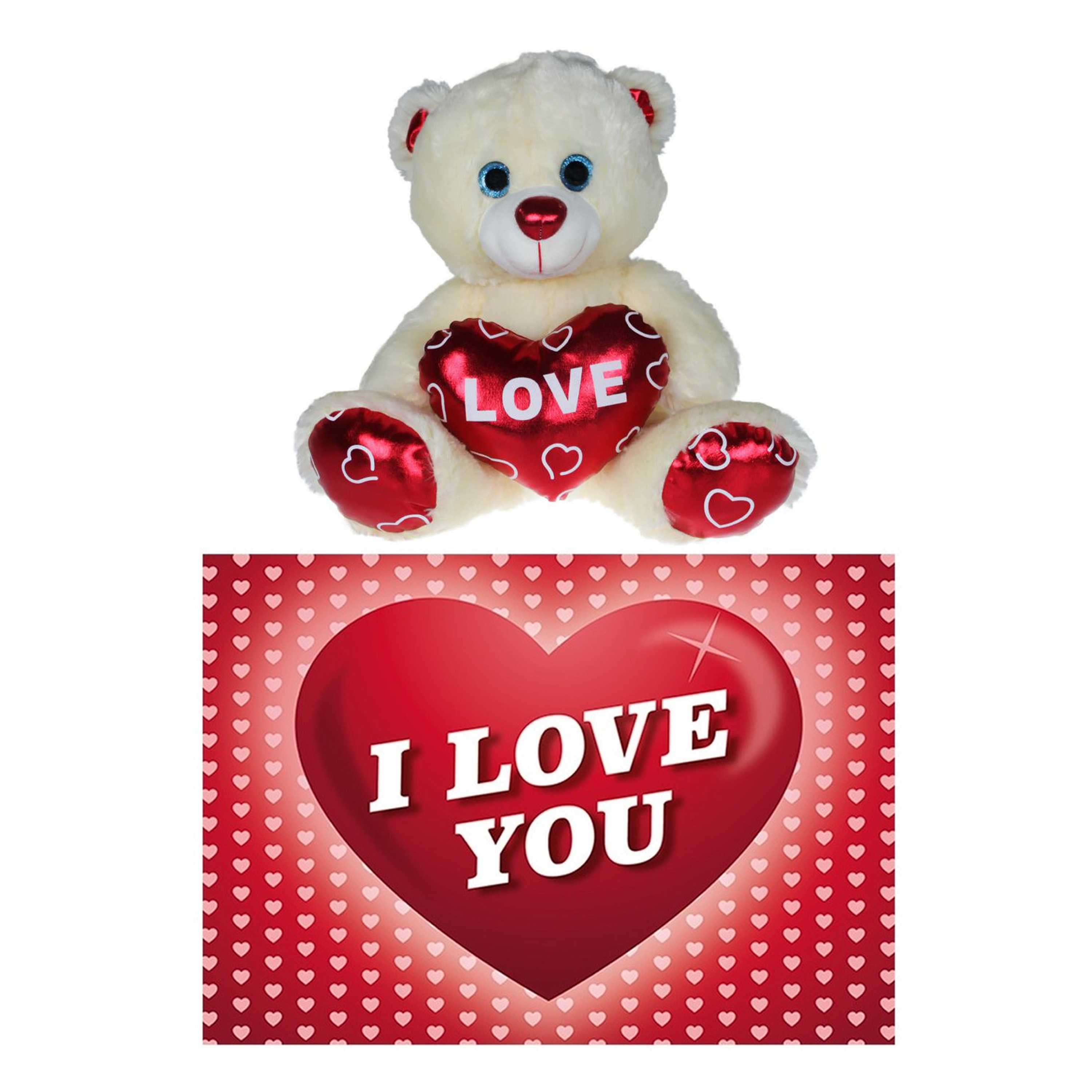 Pluche knuffelbeer 15 cm met wit/rood Valentijn Love hartje incl. hartjes wenskaart -