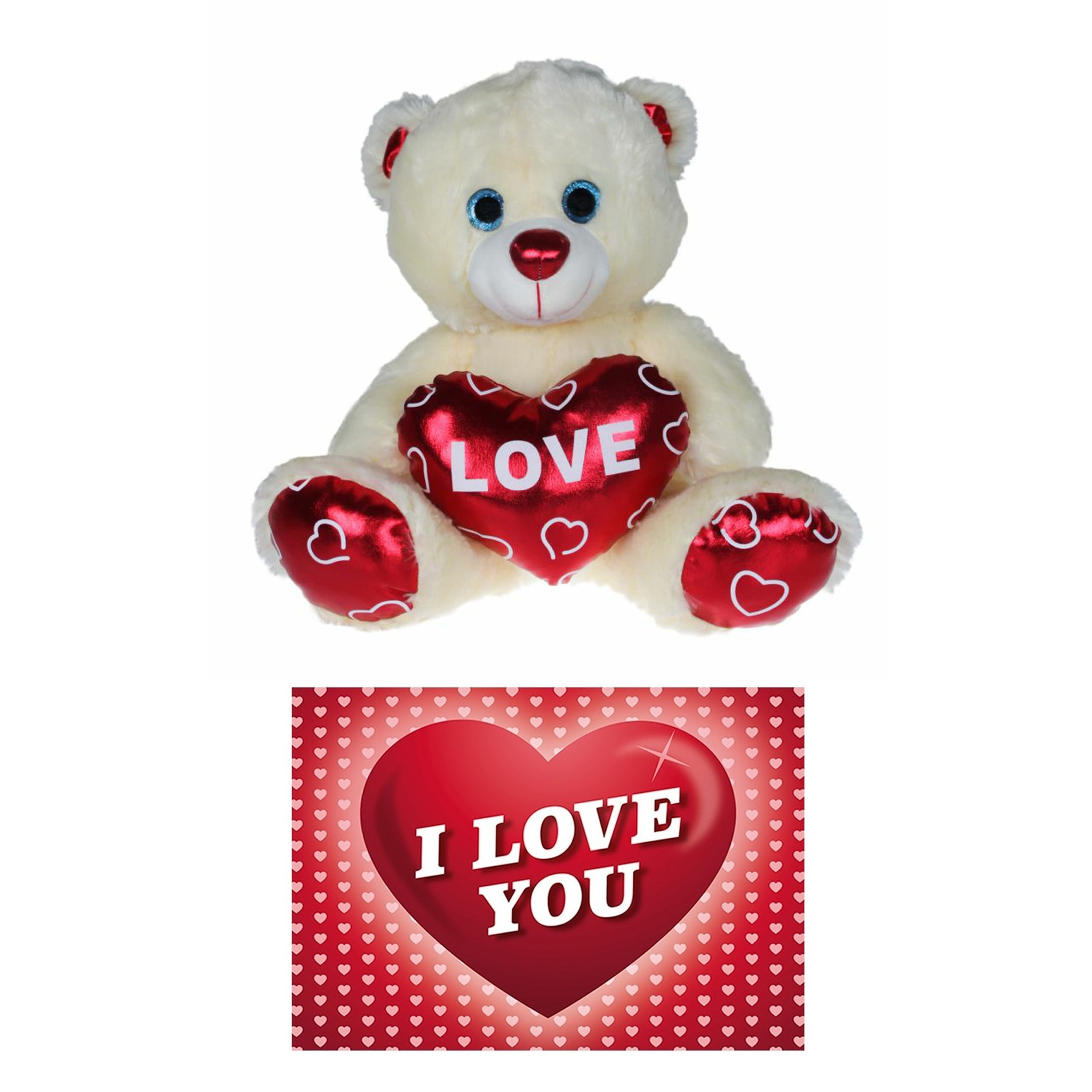 Pluche knuffelbeer 25 cm met wit/rood Valentijn Love hartje incl. hartjes wenskaart -