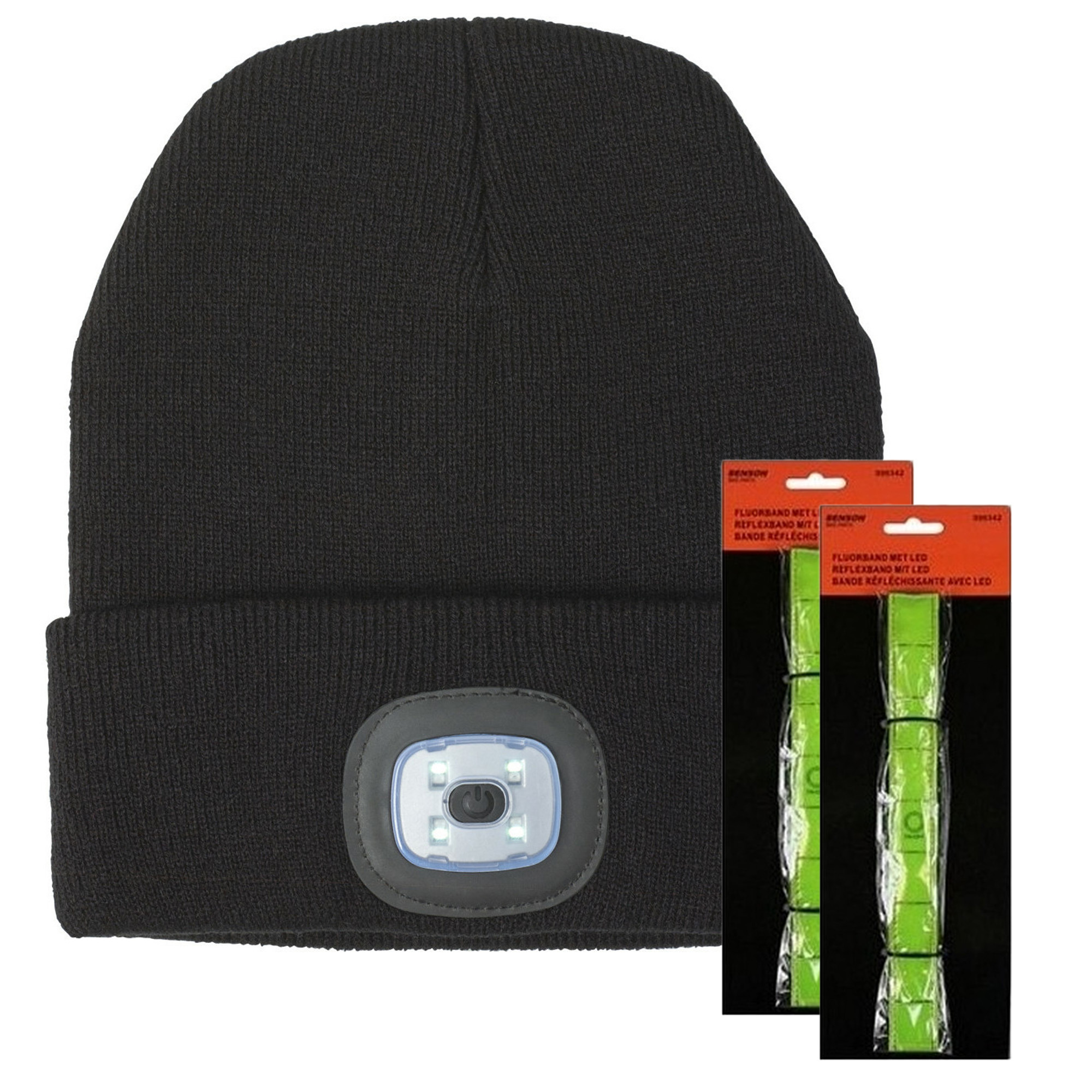 Benson Hardloop set winter - LED wintermuts/beanie zwart - LED Hardloop reflectie bandje One size -