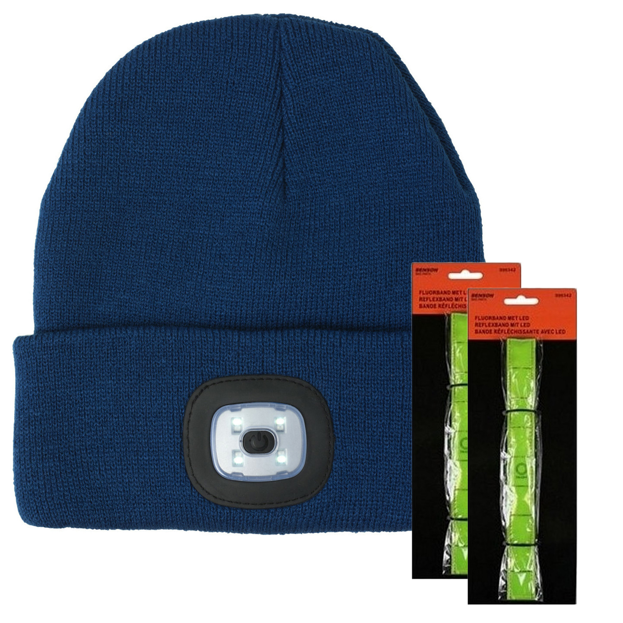 Benson Hardloop set winter - LED wintermuts/beanie blauw - LED Hardloop reflectie bandje One size -