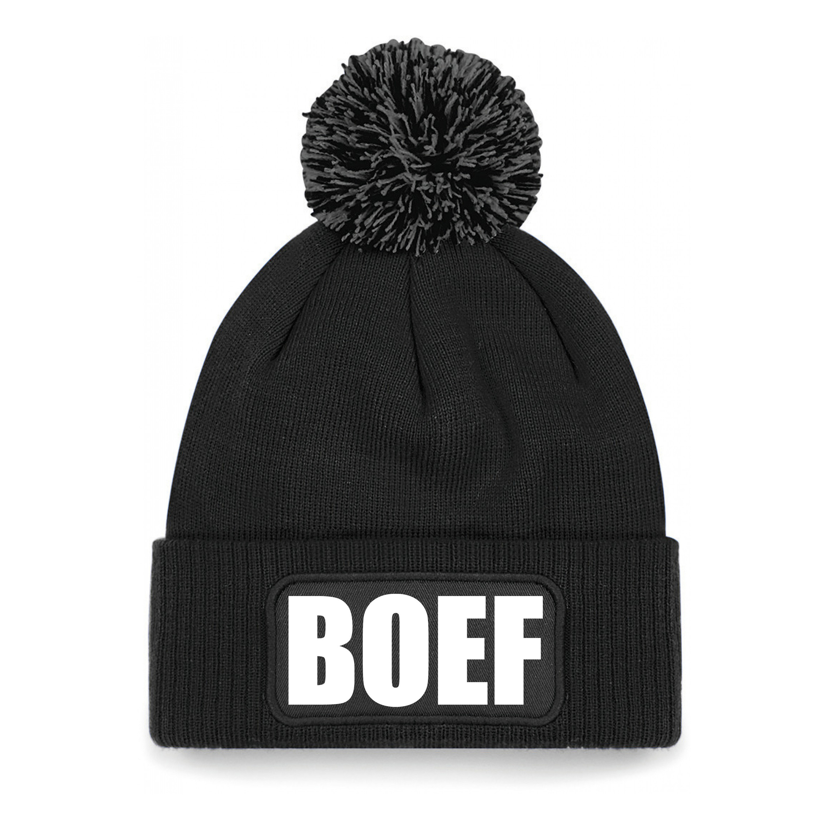 Boef muts/beanie met pompon - onesize - unisex - zwart One size -