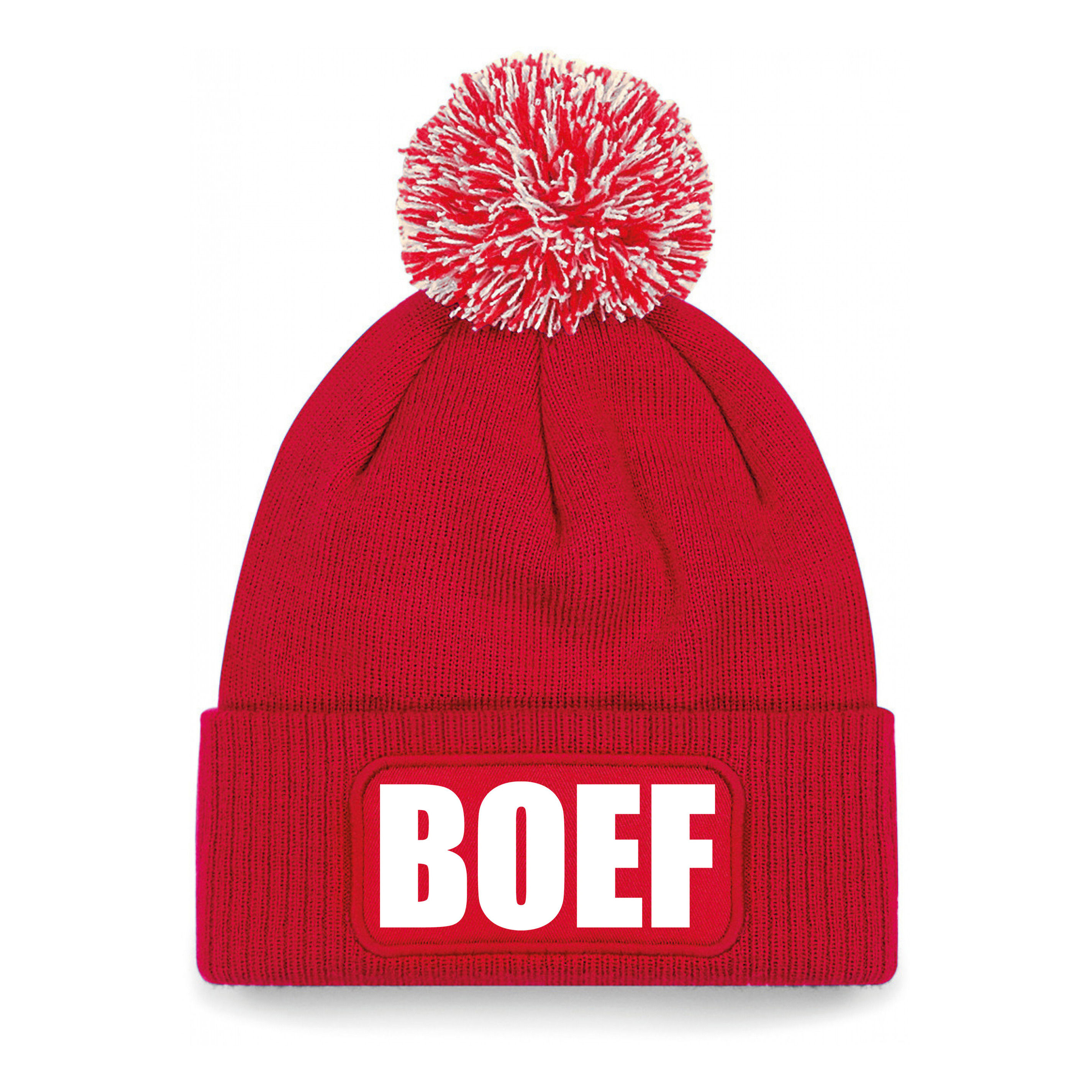 Boef muts/beanie met pompon - onesize - unisex - rood One size -