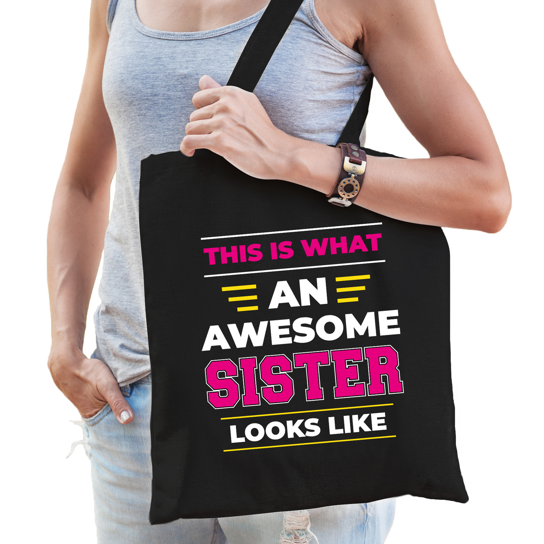 Awesome sister / geweldige zus katoenen tas - zwart - 42 x 38 cm -