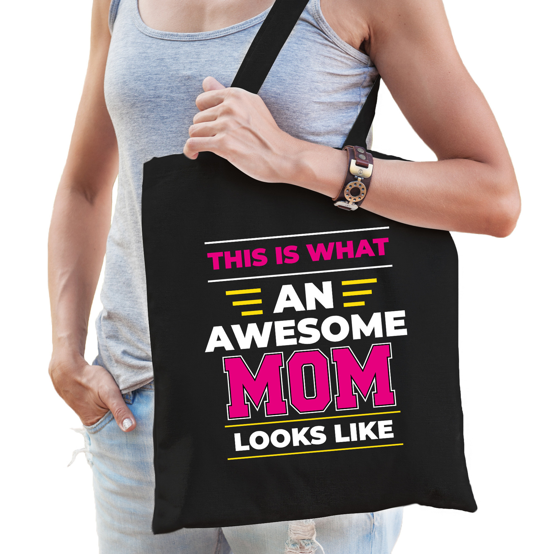 Awesome mom / geweldige moeder katoenen tas - zwart - 42 x 38 cm -