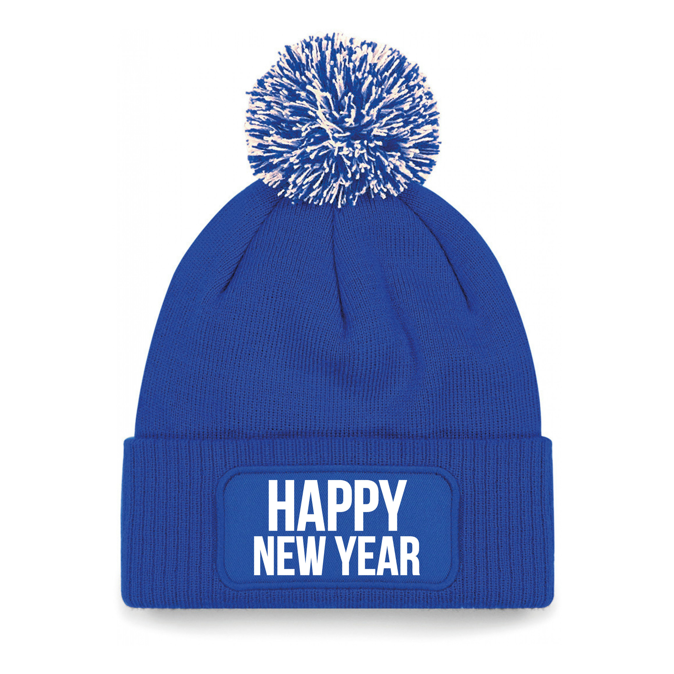 Happy New Year muts met pompon unisex - one size - blauw One size -