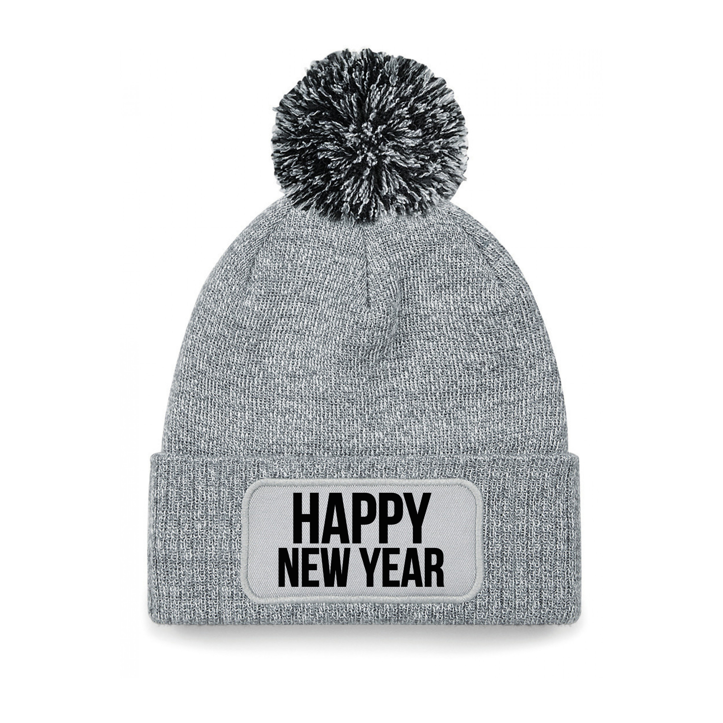 Happy New Year muts met pompon unisex - one size - grijs One size -