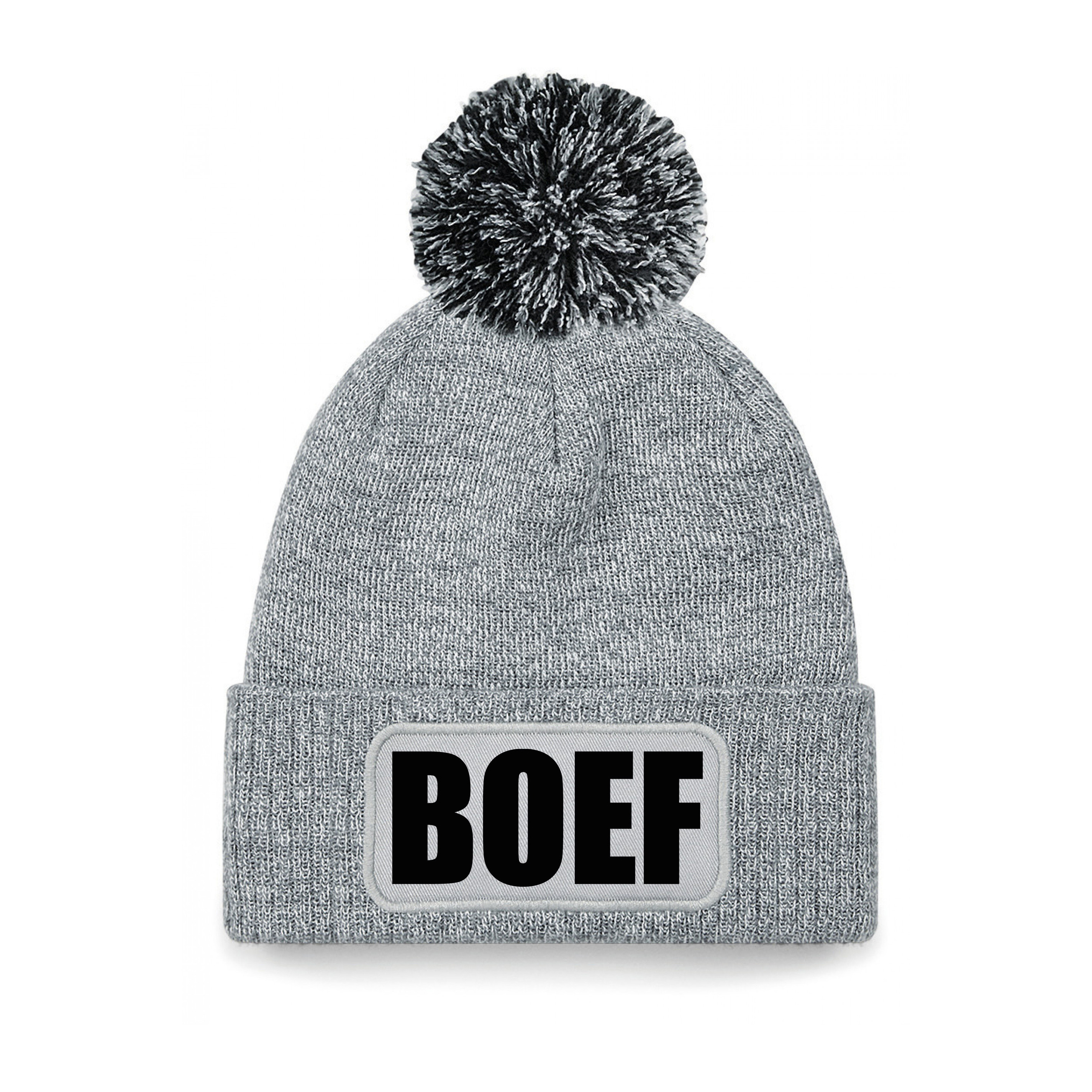 Boef muts/beanie met pompon - onesize - unisex - grijs One size -