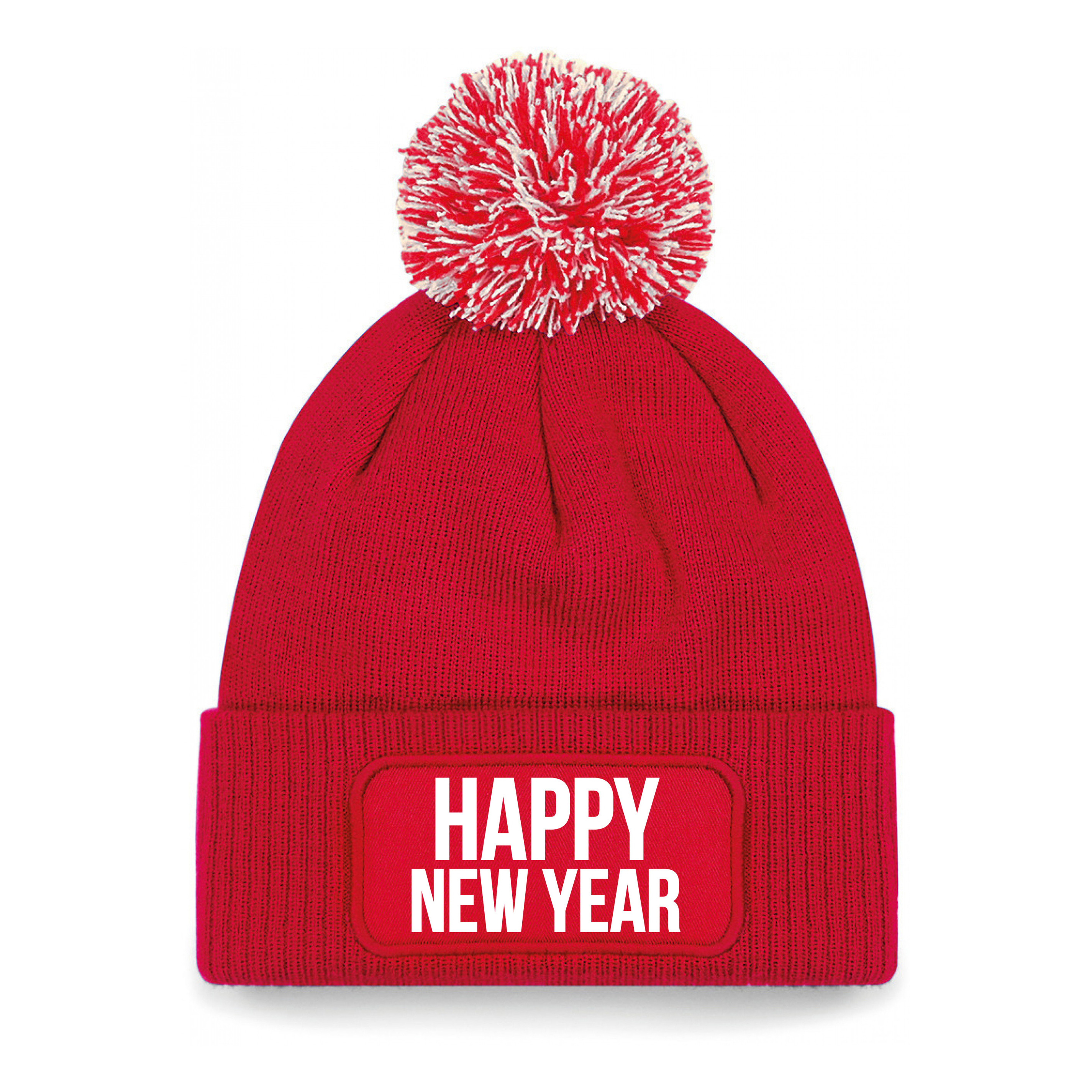 Happy New Year muts met pompon unisex - one size - rood One size -