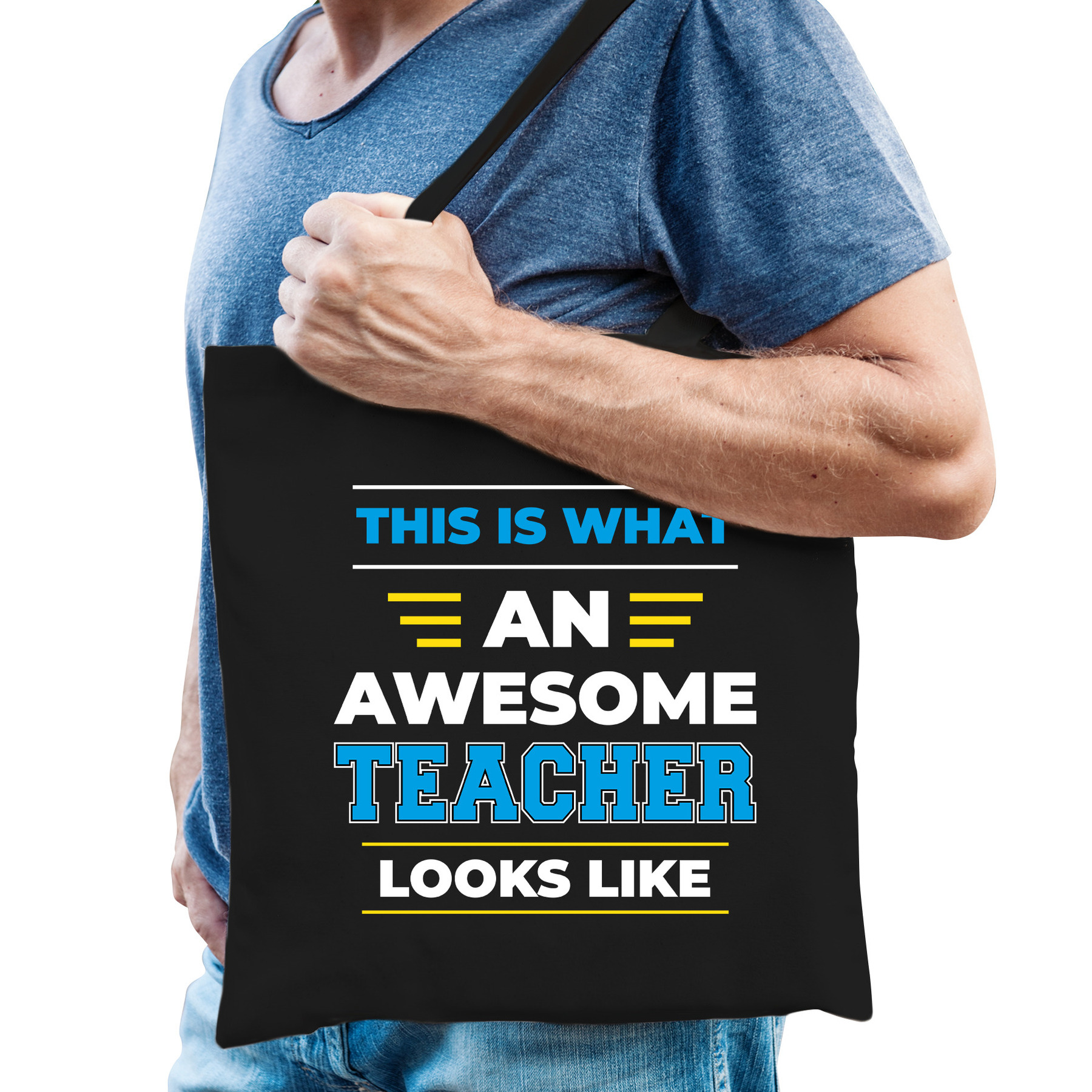 Awesome teacher / geweldige leraar katoenen tas - zwart - 42 x 38 cm -