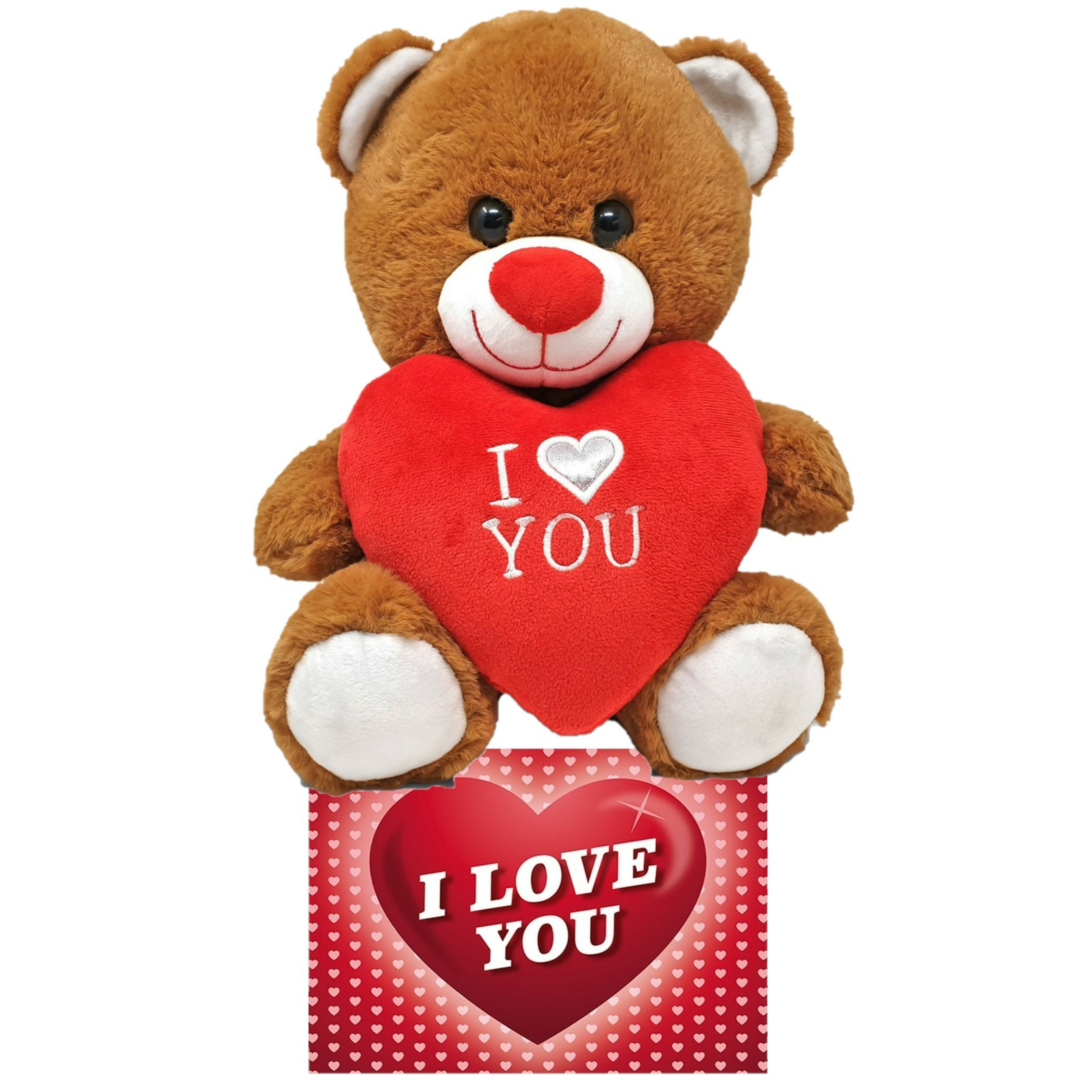 Donker bruine pluche knuffelbeer 30 cm incl. Valentijnskaart I Love You -