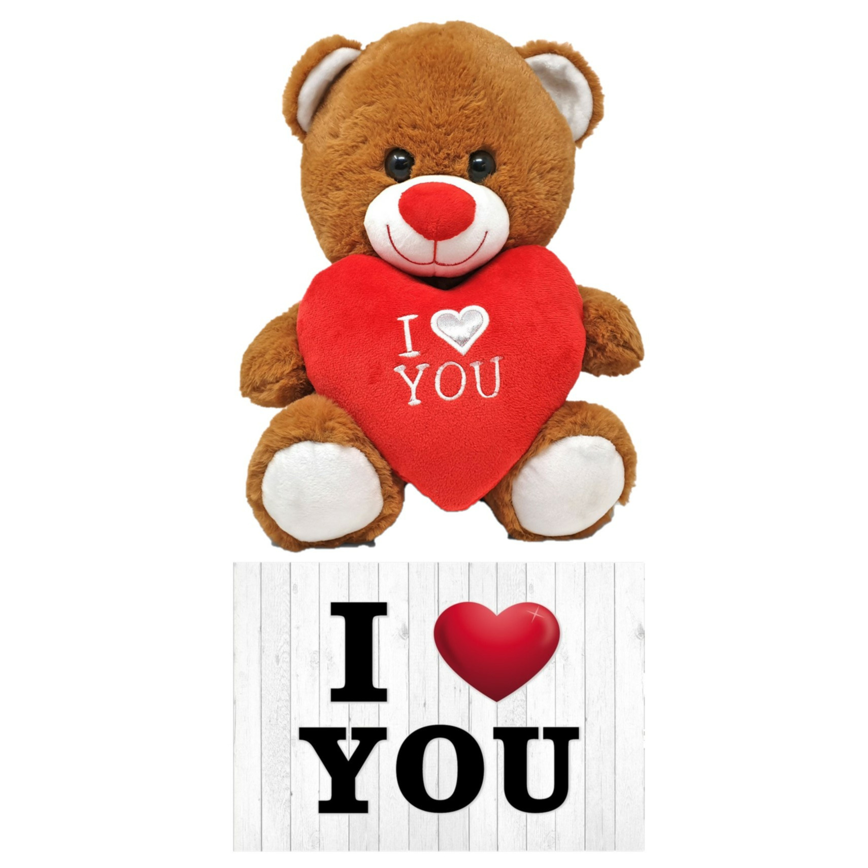 Donker bruine pluche knuffelbeer 20 cm incl. Valentijnskaart I Love You -